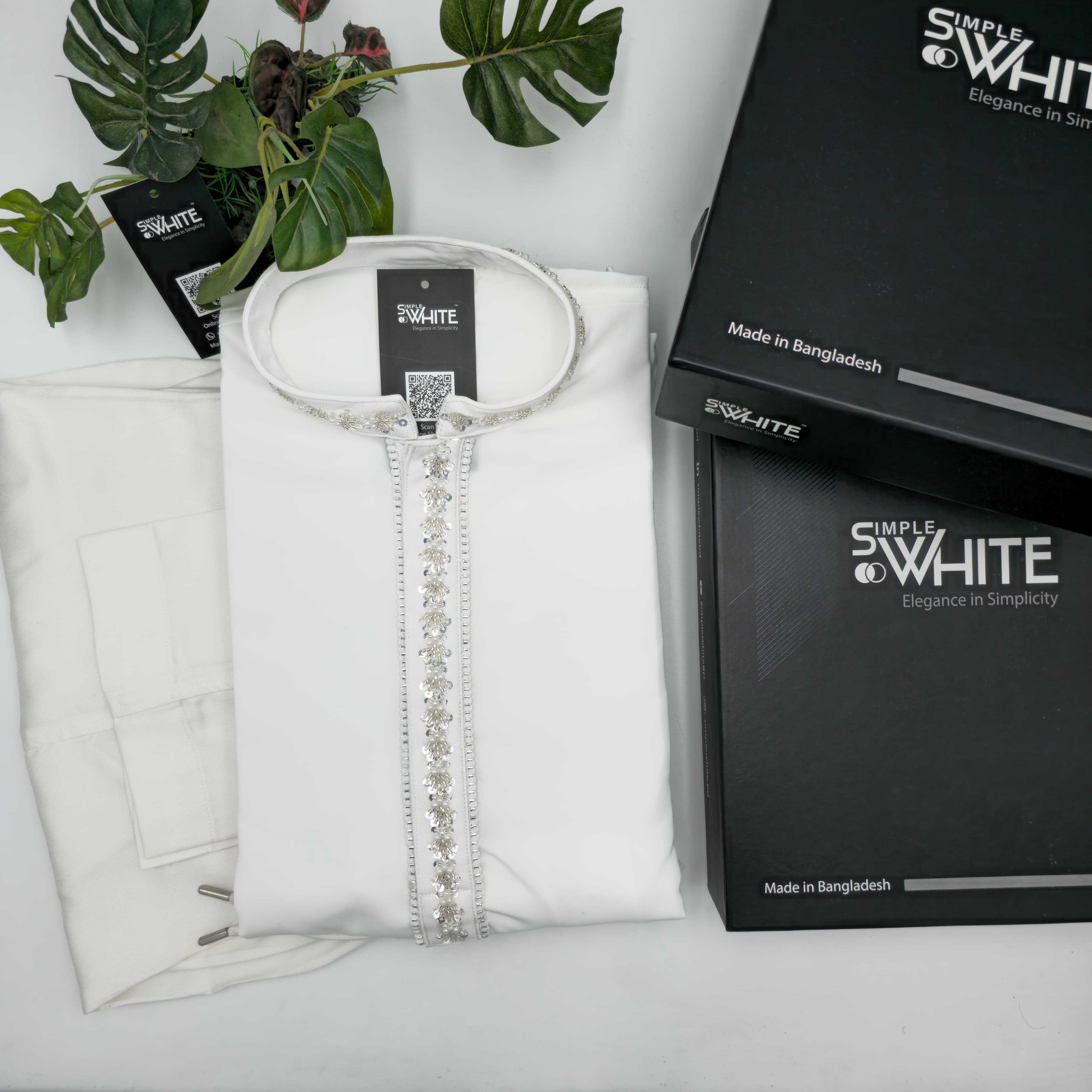 Men’s White Panjabi with Silver Embellished Placket & Collar – Premium Festive Wear by Simple White (Punjabi BDT 7,490 + Pajama BDT 2,500)