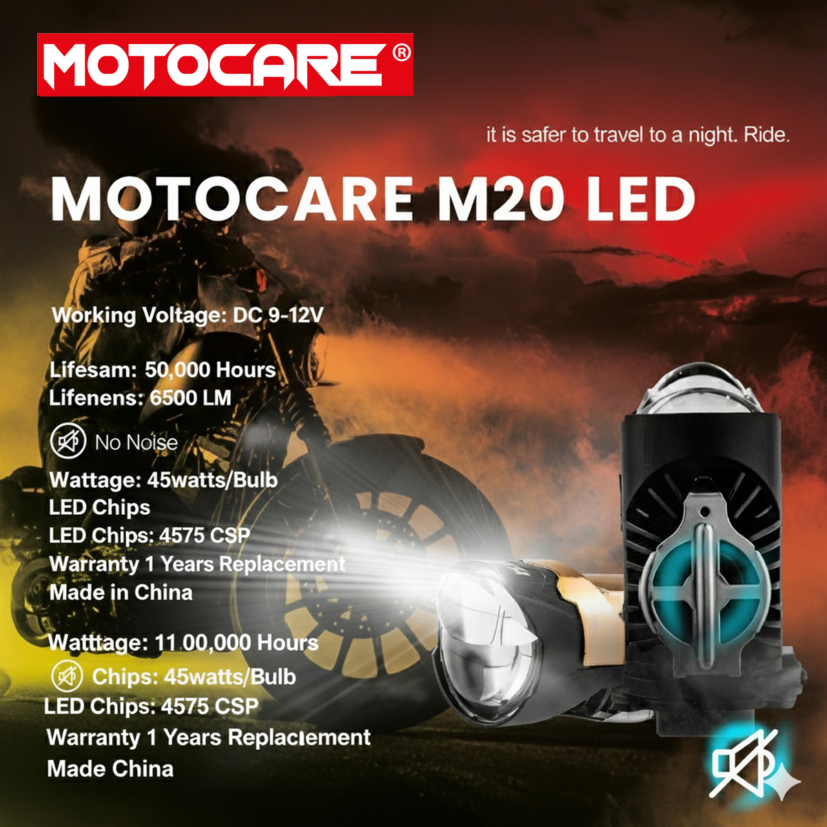 Motocare M20 LED Headlight Bulb | 45W, 6500 LM, DC 9-12V