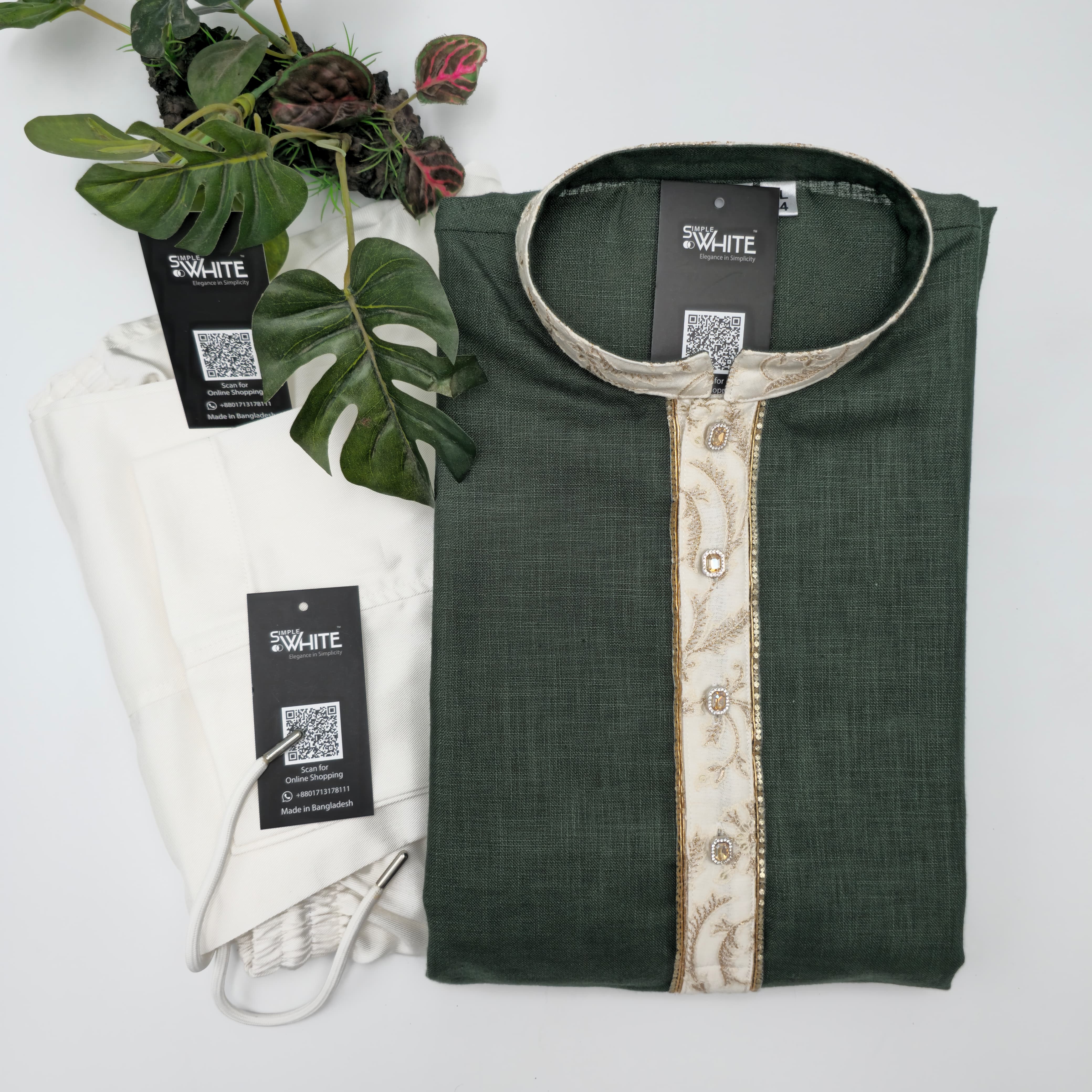Men’s Dark Green Panjabi with Embroidered Beige Collar & Placket – Elegant Traditional Wear by Simple White (Punjabi BDT 4,990 + Pajama BDT 2,500)