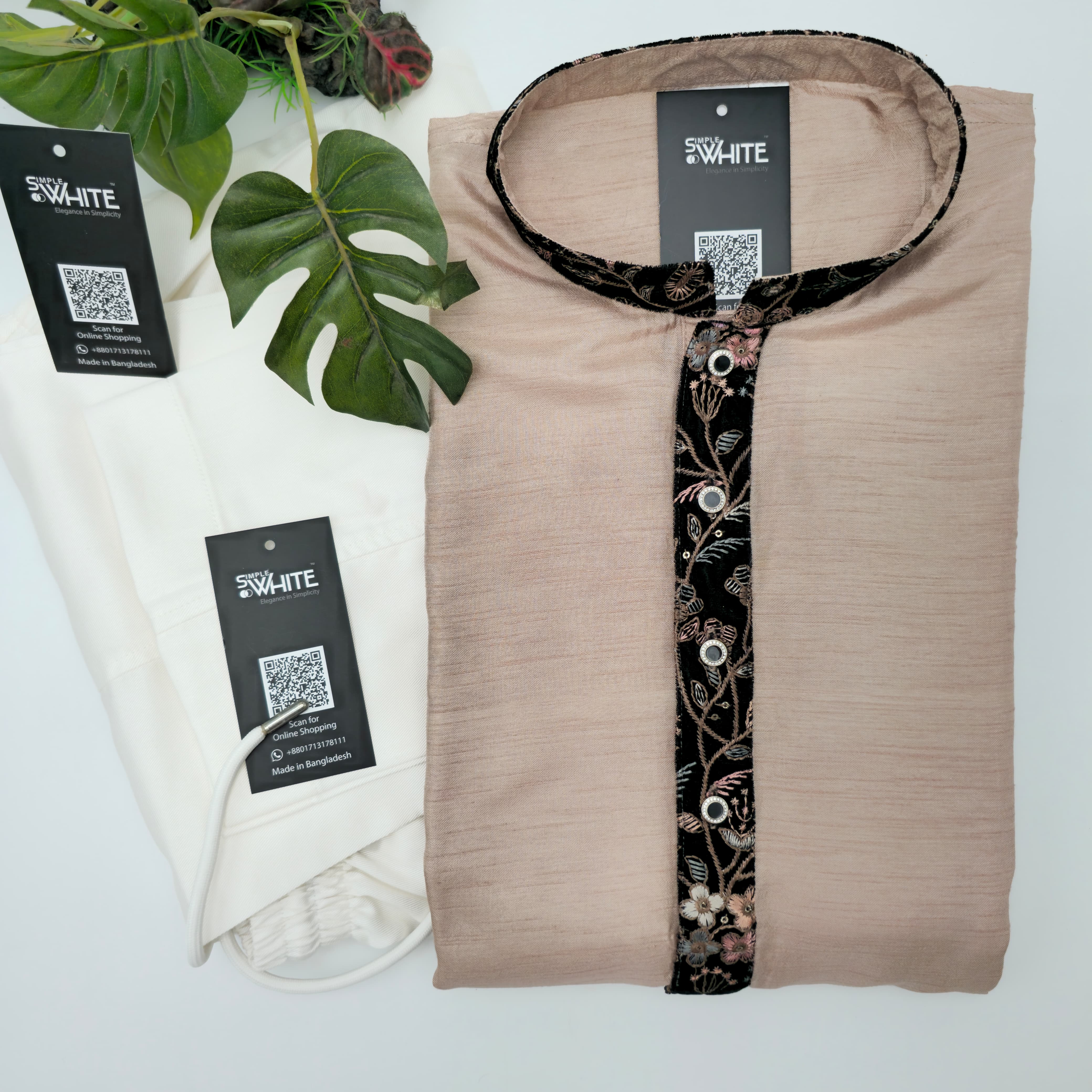 Men’s Light Beige Panjabi with Black Floral Embroidered Placket & Collar – Festive Wear by Simple White (Punjabi BDT 4,990 + Pajama BDT 2,500)