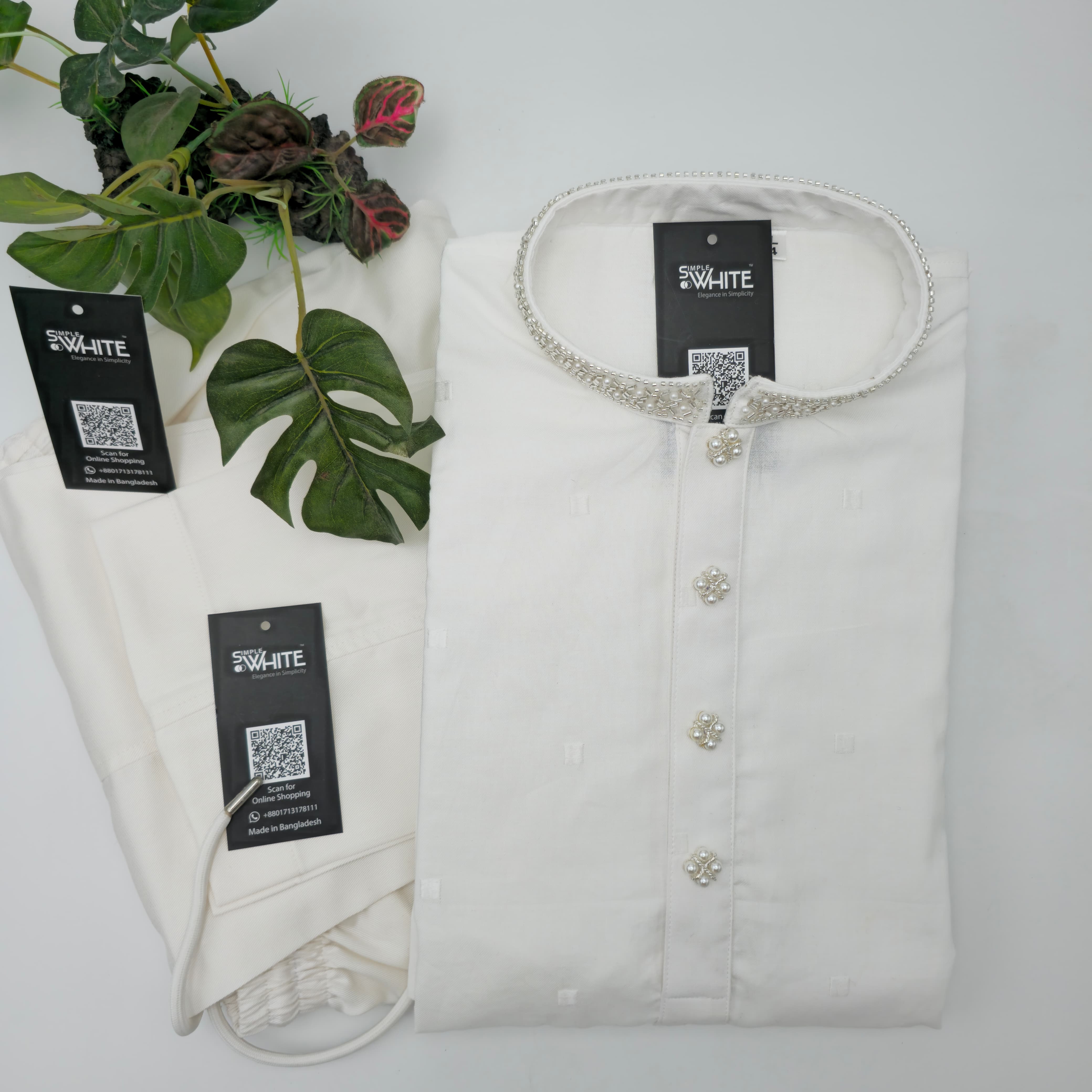 Classic White Panjabi with Embroidered Collar and Floral Buttons – Elegant Men’s Ethnic Wear by Simple White (Punjabi BDT 7,490 + Pajama BDT 2,500)_img_0