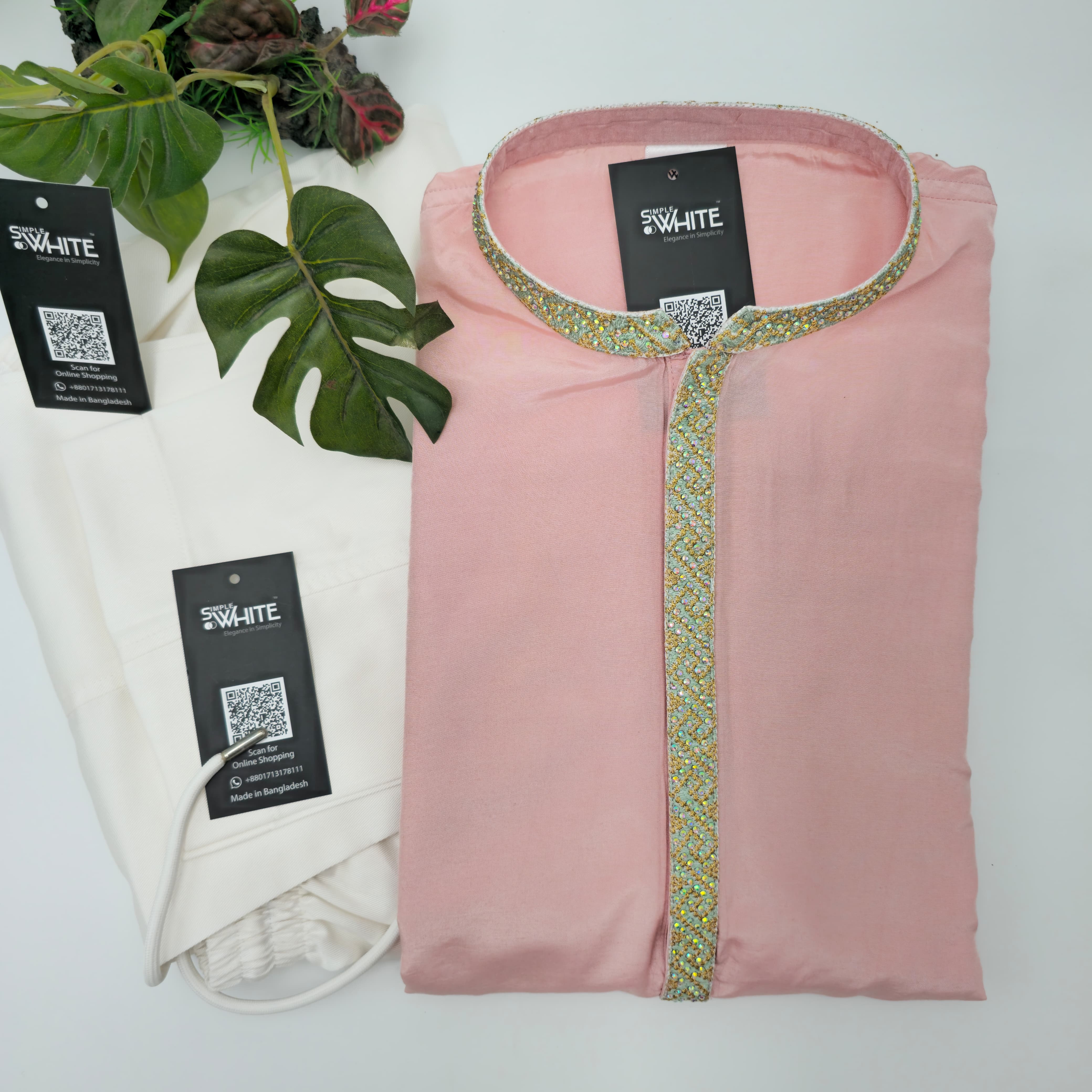 Men’s Pink Panjabi with Multicolor Embroidered Placket & Collar – Festive & Cultural Wear by Simple White (Punjabi BDT 4,990 + Pajama BDT 2,500)