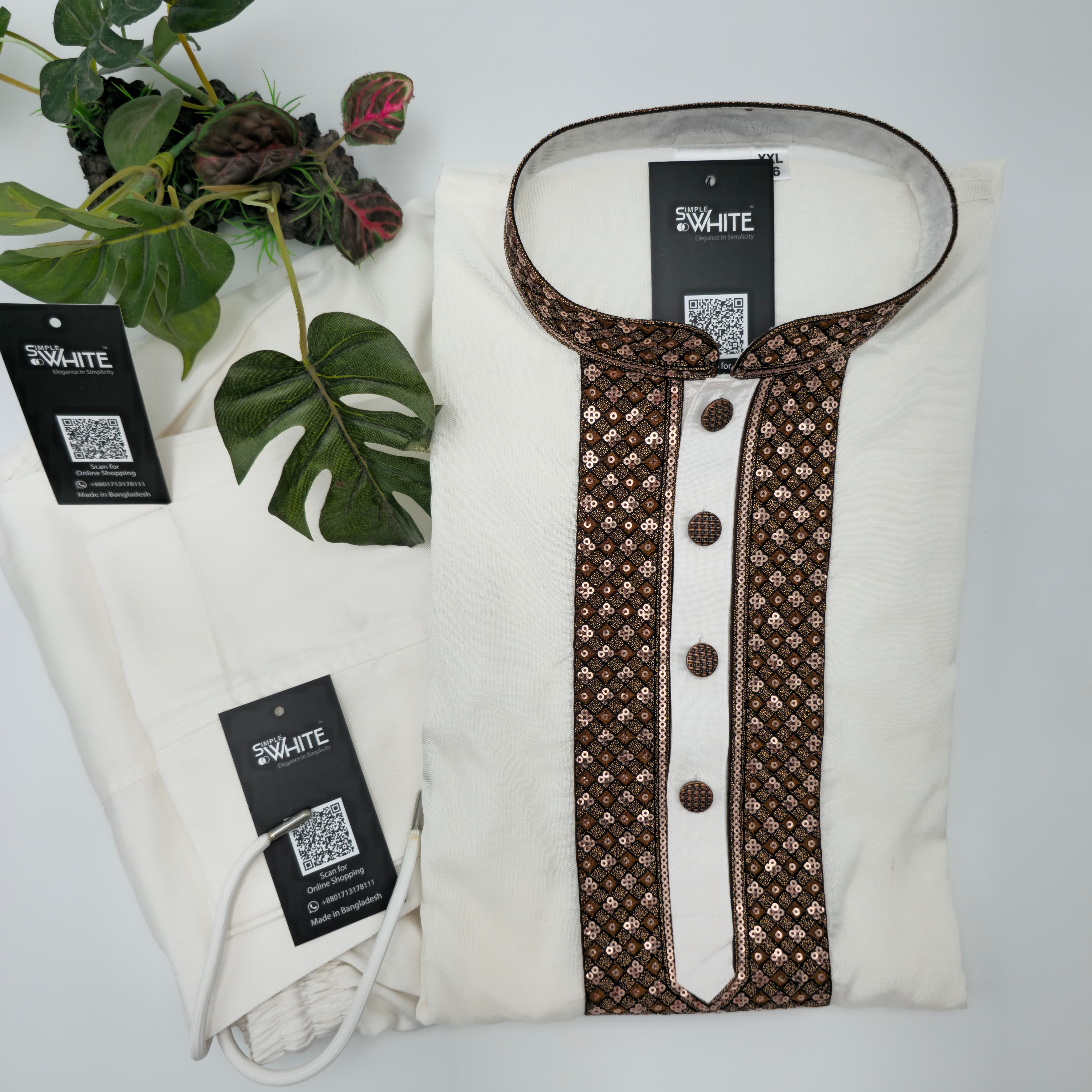 Men’s White Panjabi with Brown Embroidered Placket & Collar – Traditional Festive Wear by Simple White (Punjabi BDT 9,490 + Pajama BDT 2,500)_img_0