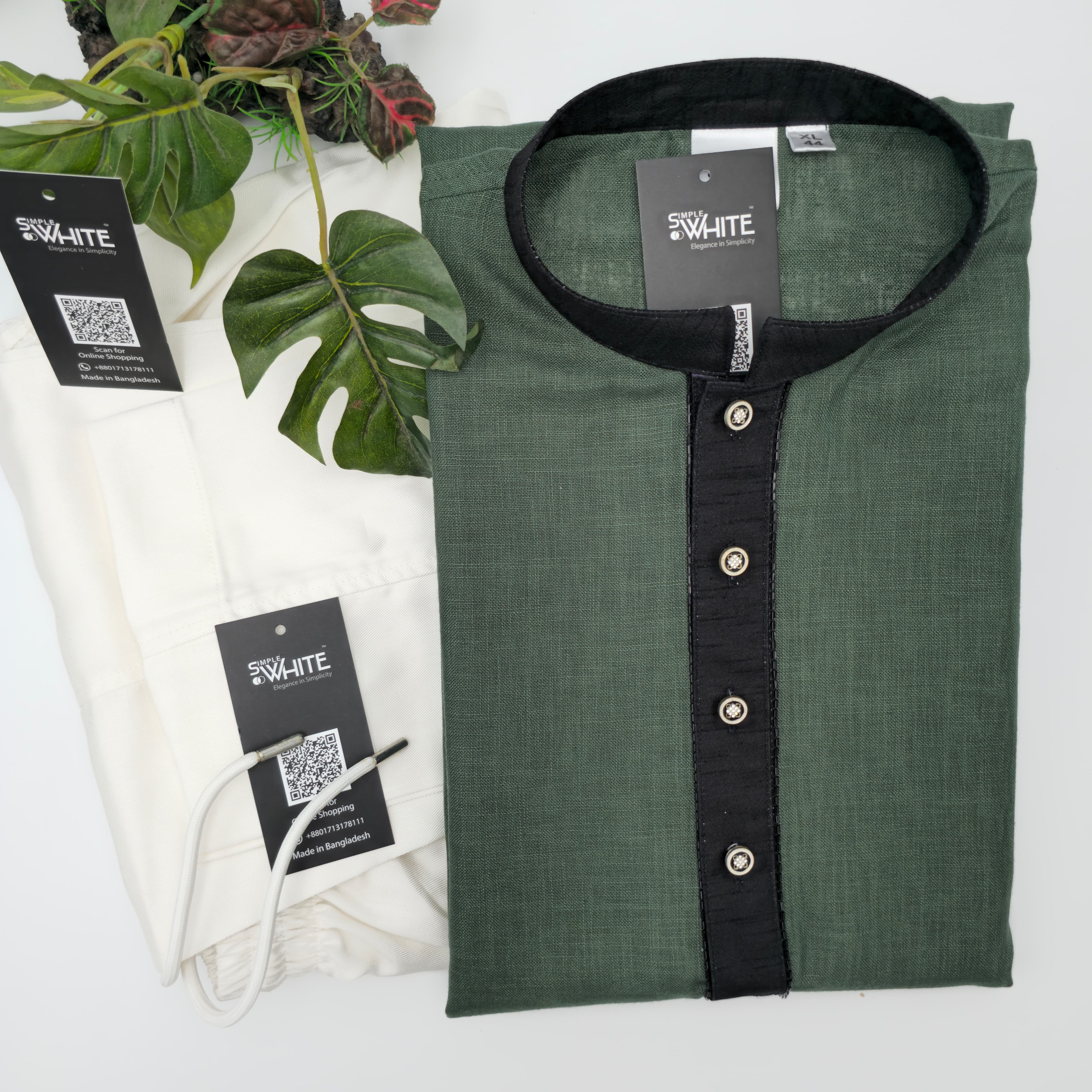 Men’s Olive Green Panjabi with Black Contrast Collar & Placket – Stylish Traditional Wear by Simple White (Punjabi BDT 4,990 + Pajama BDT 2,500)