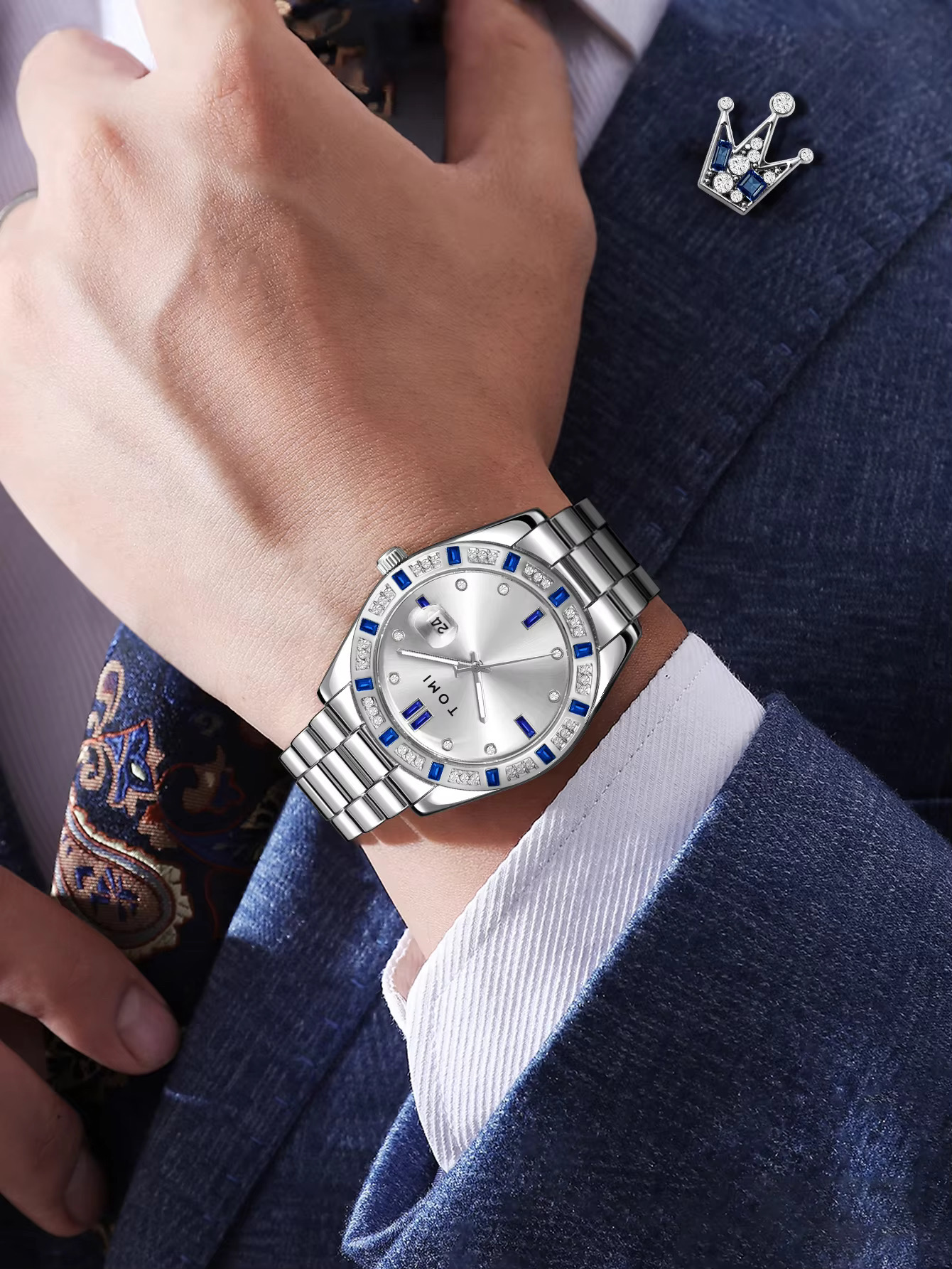 TOMI T-305 Men's Luxury Stone Stainless Steel Watch Gift Box Set (White)_img_3