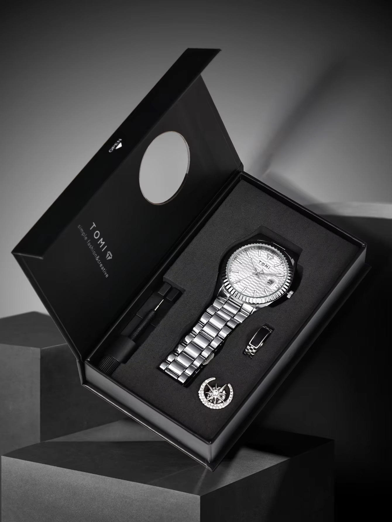 TOMI T-304 Men's Luxury Stainless Steel Watch Gift Box Set (White)_img_6