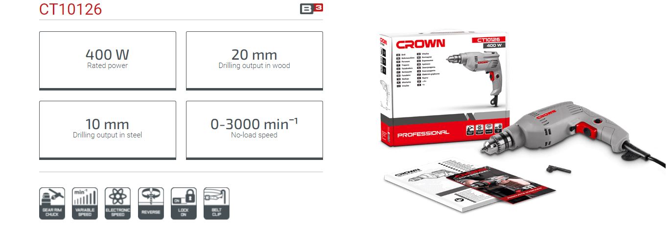 Crown CT10126 400w Electric Drill 10mm (3/8") Model: CT10126_img_1