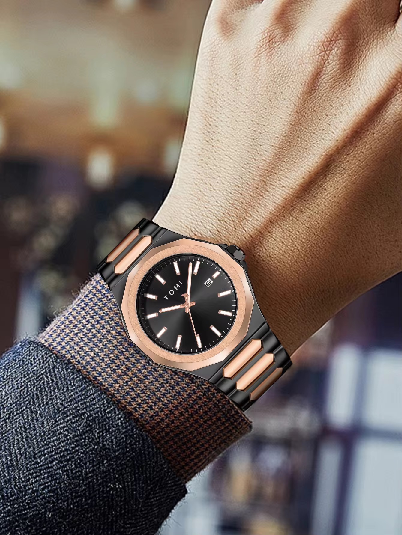 TOMI T-301 Men's Luxury Stainless Steel Watch Gift Box Set (Black-Rosegold)_img_4