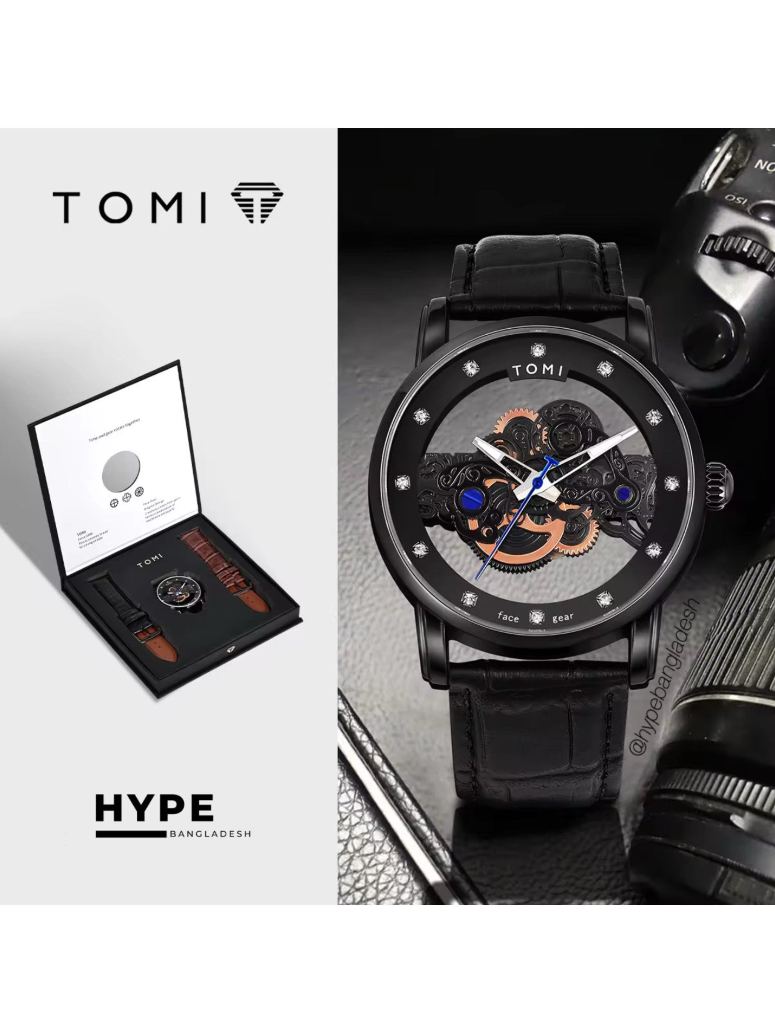 TOMI T-102 Face Gear Transperent Dual Strap Leather Belt Watch (Black)