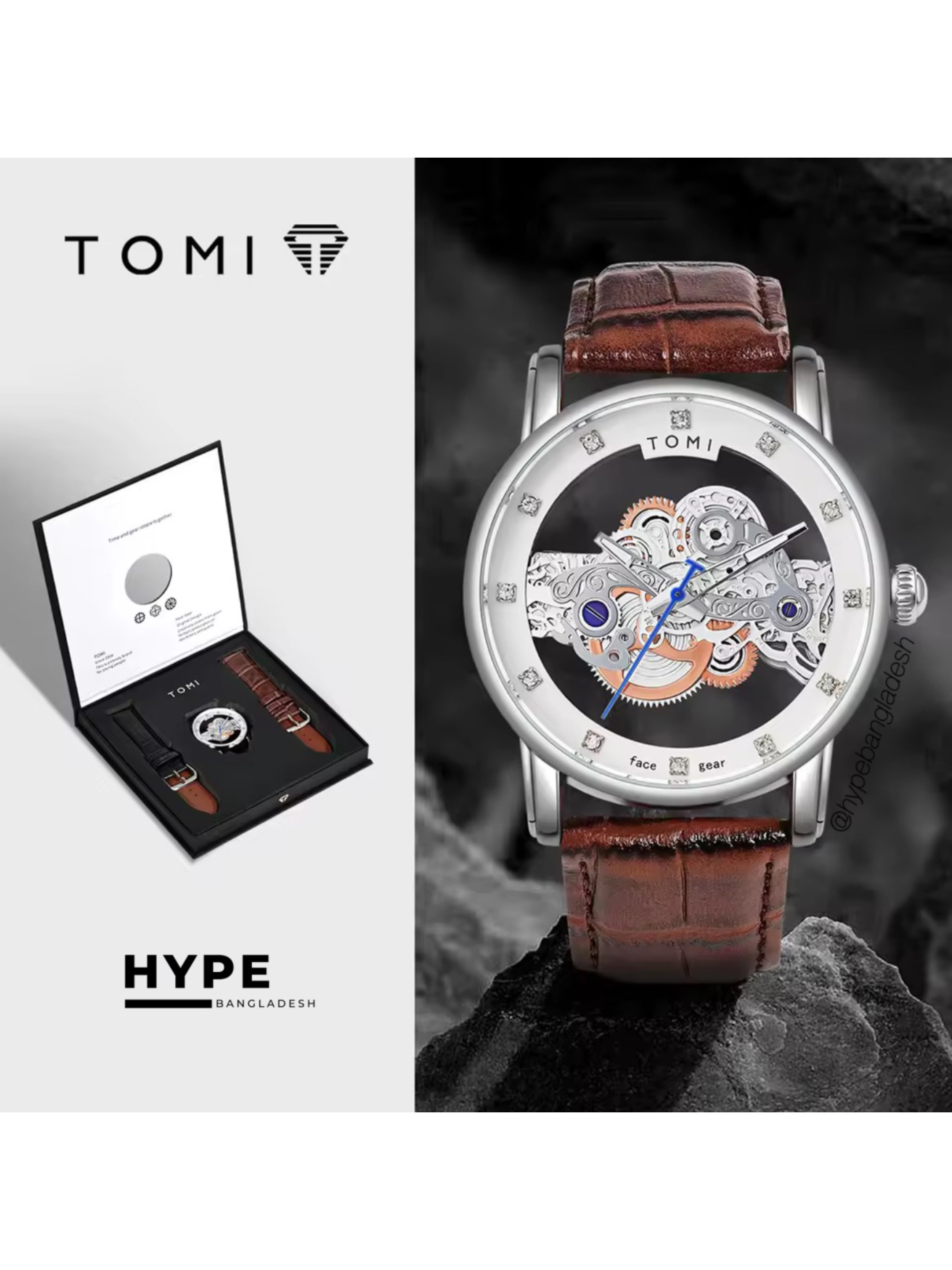 TOMI T-102 Face Gear Transperent Dual Strap Leather Belt Watch (White)