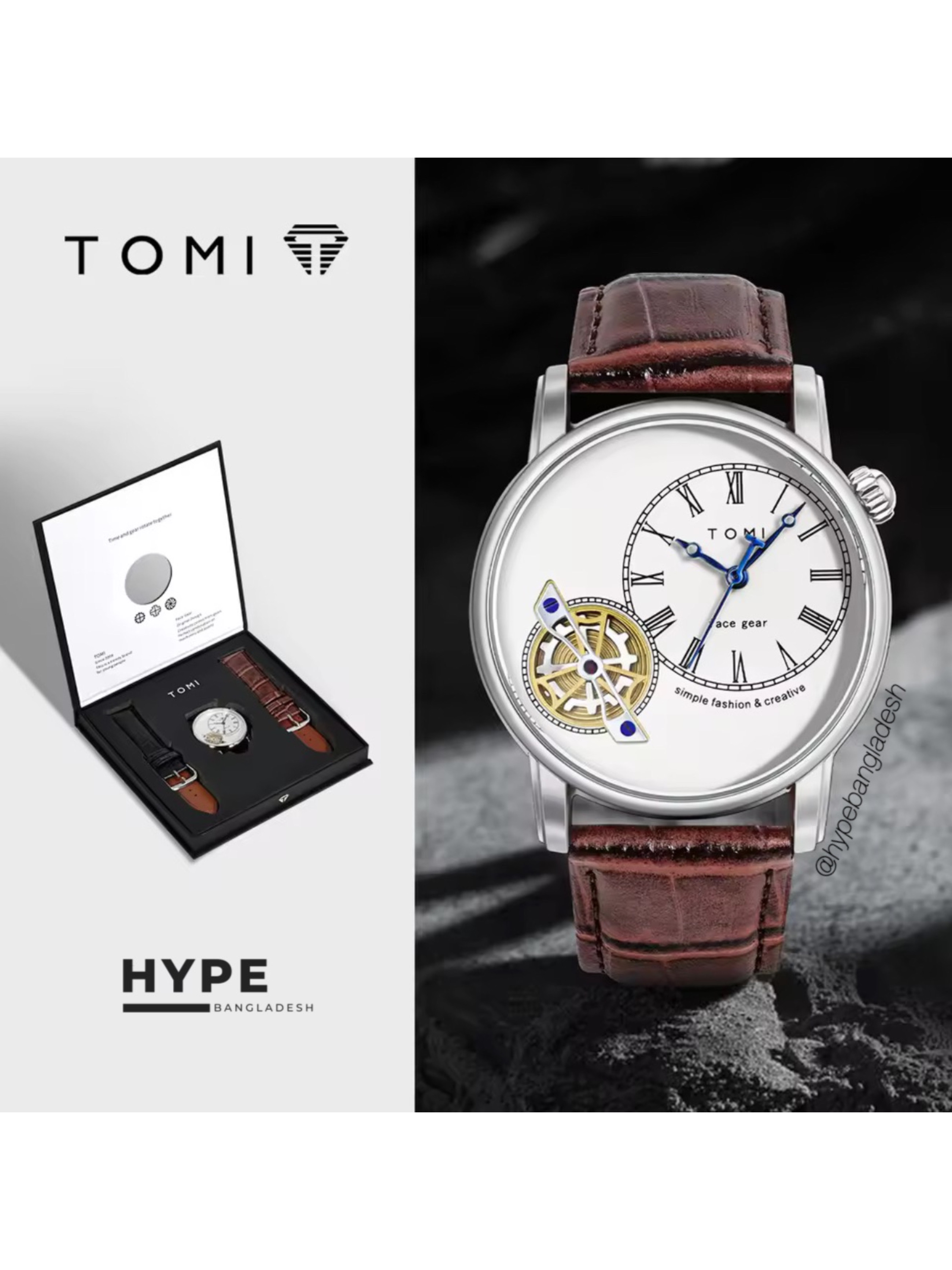 TOMI T-103 Face Gear Dual Strap Leather Belt Watch (White)