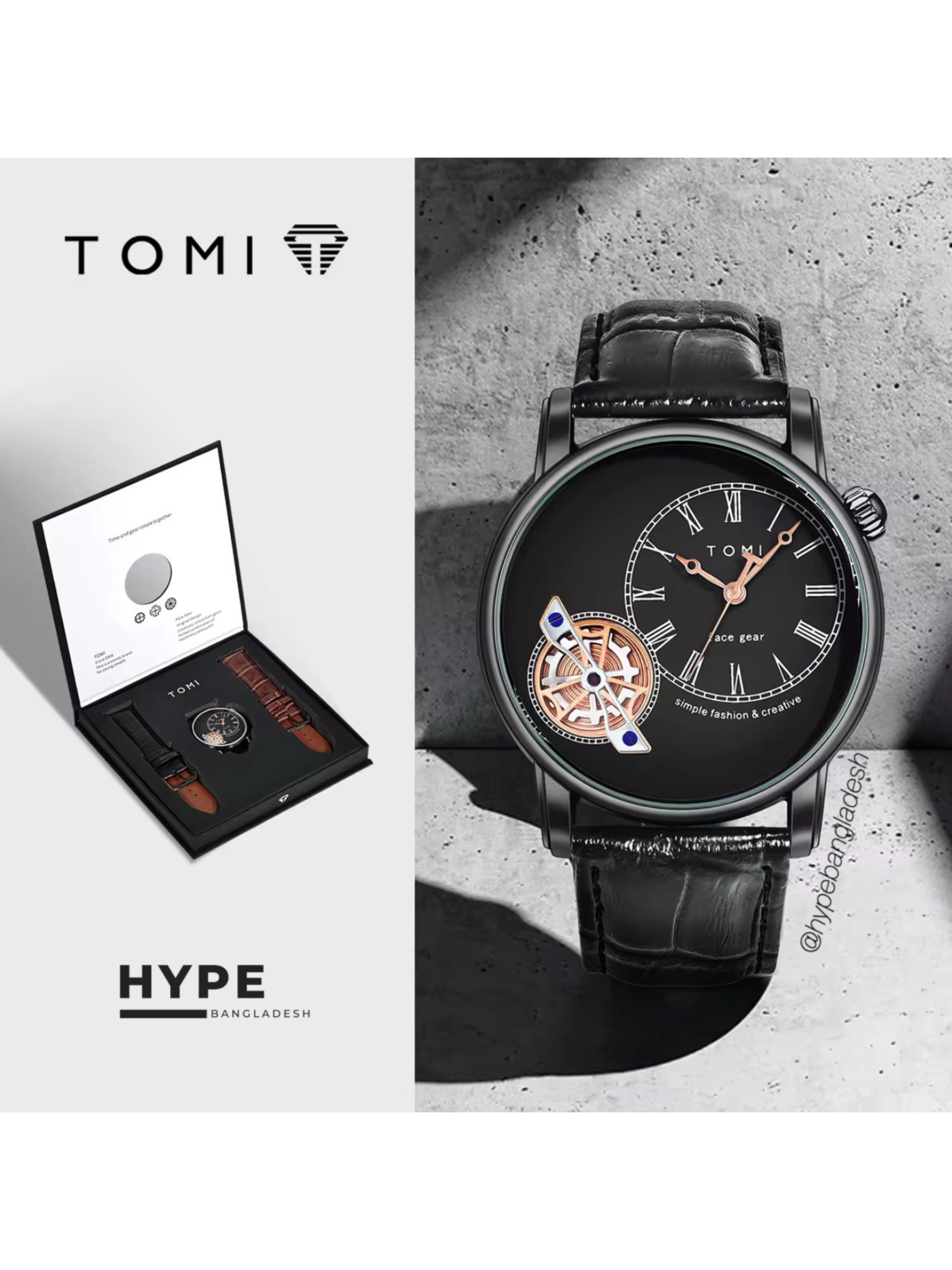 TOMI T-103 Face Gear Dual Strap Leather Belt Watch (Black)