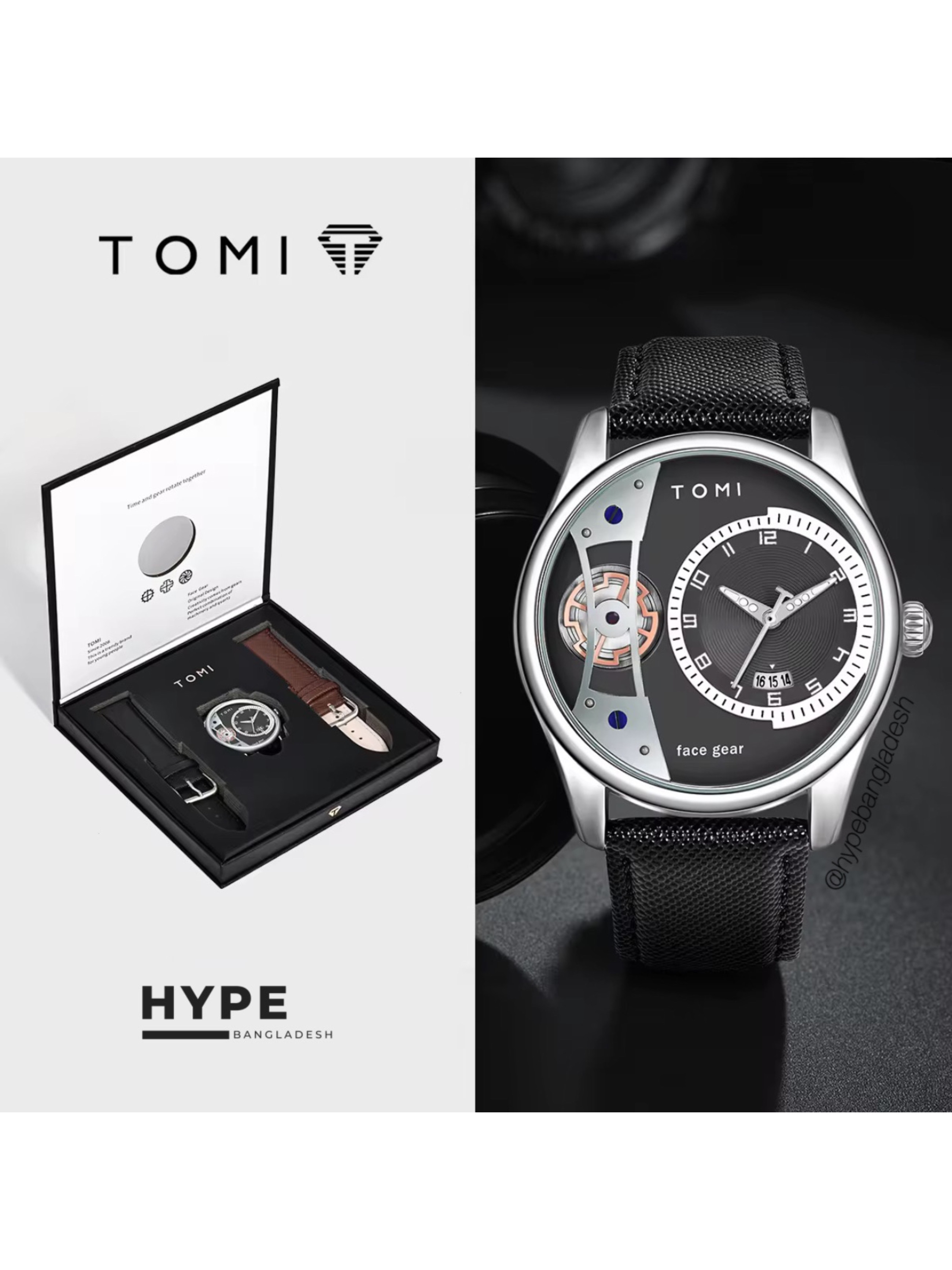 TOMI T-105 Face Gear Dual Strap Leather Belt Watch (Black)