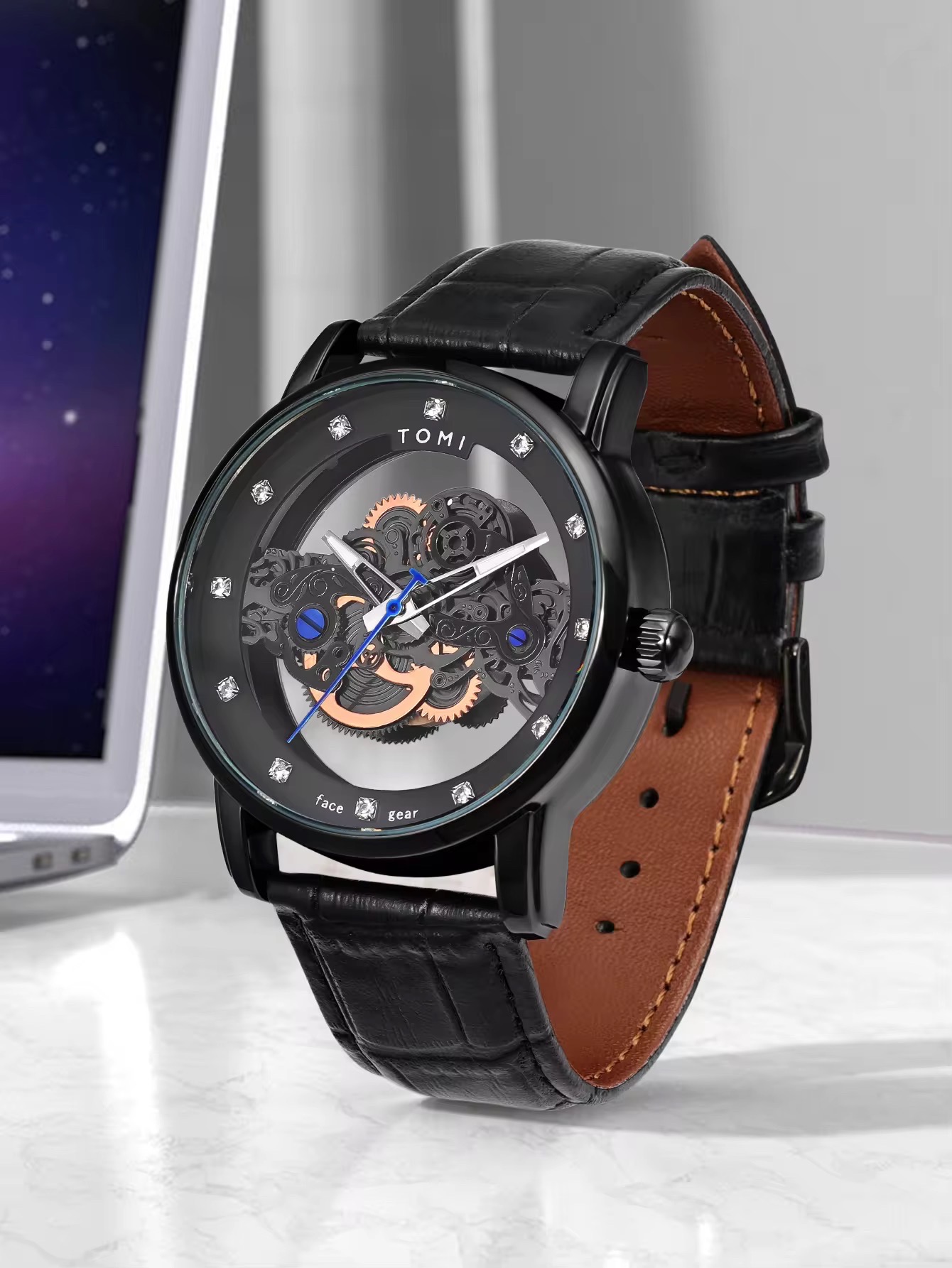 TOMI T-102 Face Gear Transperent Dual Strap Leather Belt Watch (Black)_img_1