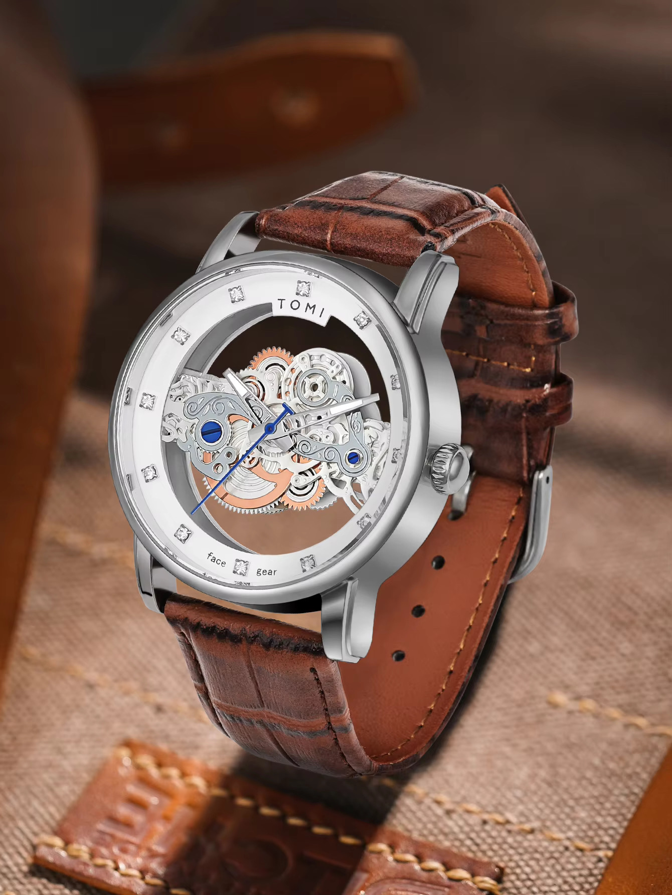 TOMI T-102 Face Gear Transperent Dual Strap Leather Belt Watch (White)_img_1