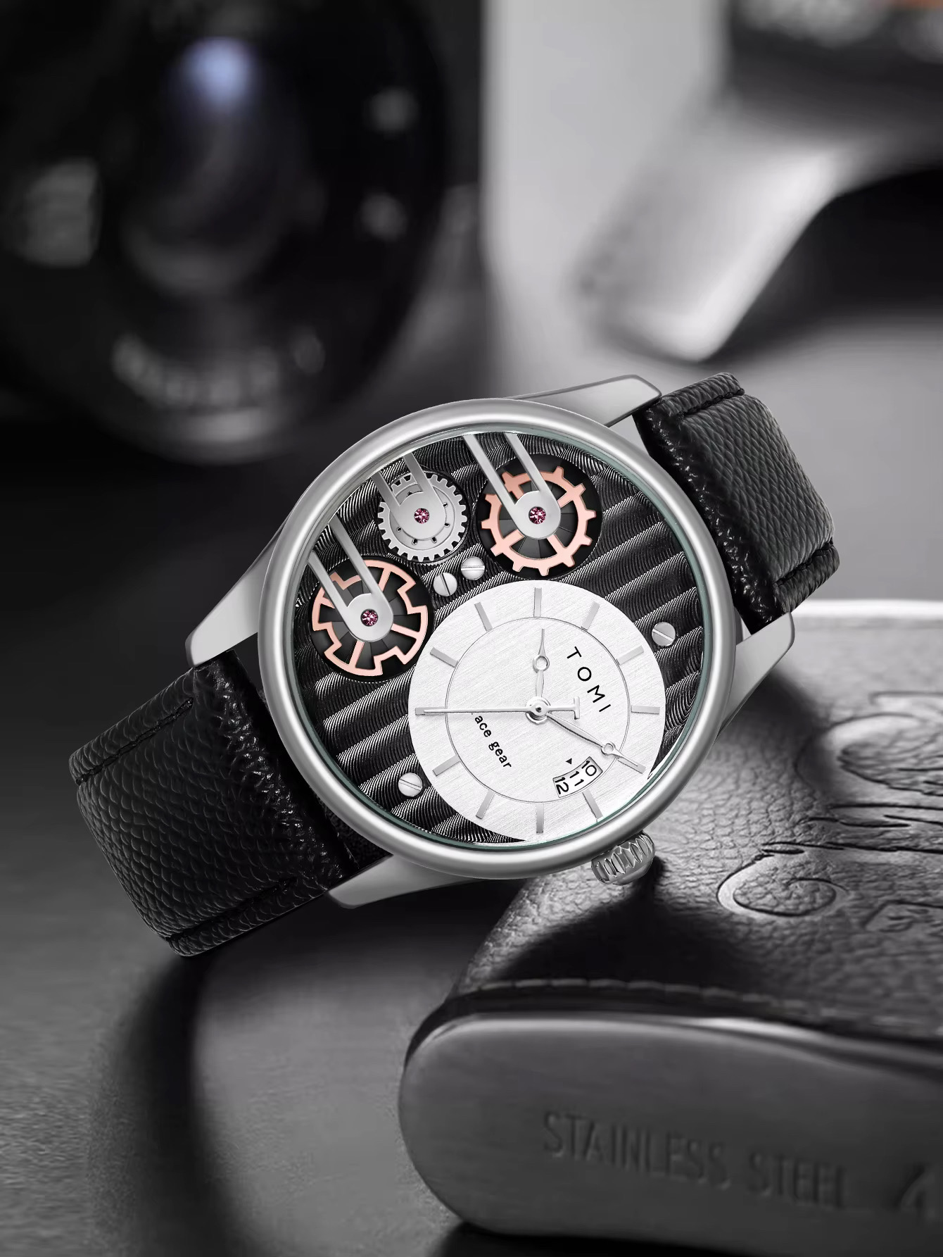TOMI T-106 Face Gear Dual Strap Leather Belt Watch (White)_img_1
