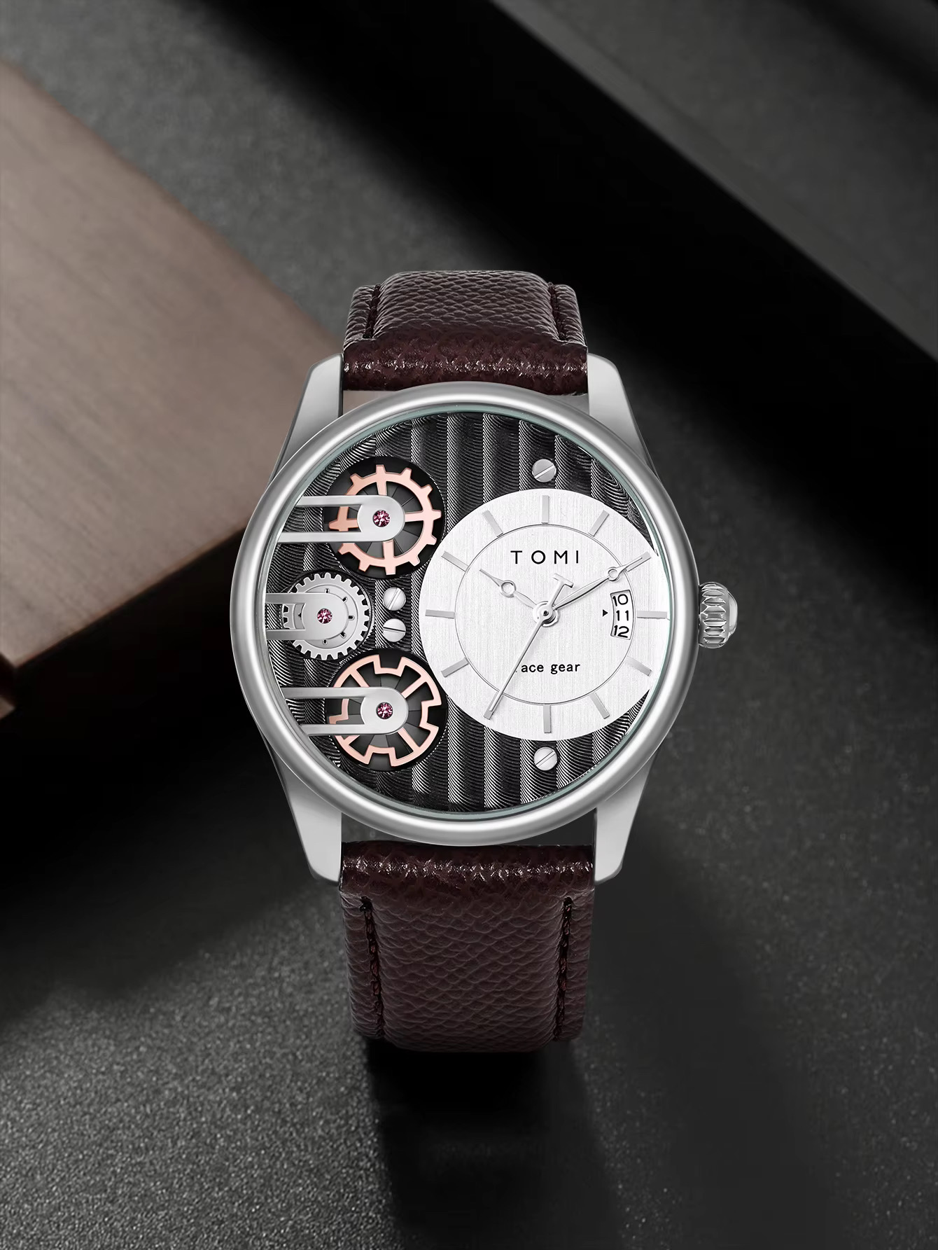 TOMI T-106 Face Gear Dual Strap Leather Belt Watch (White)_img_2