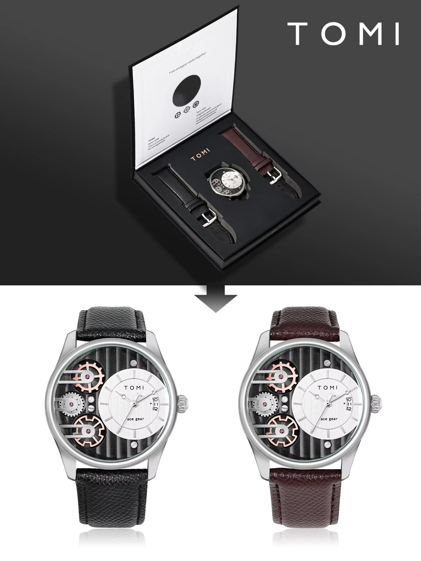 TOMI T-106 Face Gear Dual Strap Leather Belt Watch (White)_img_4