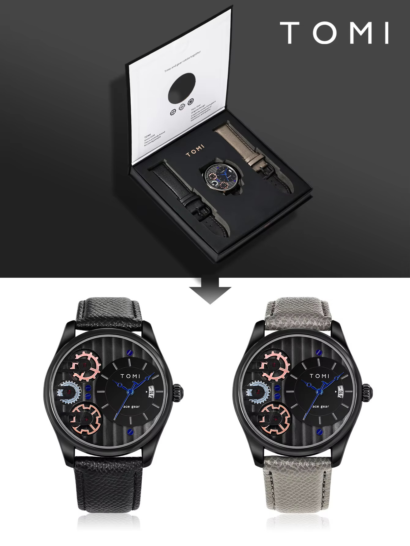 TOMI T-106 Face Gear Dual Strap Leather Belt Watch (Black)_img_4