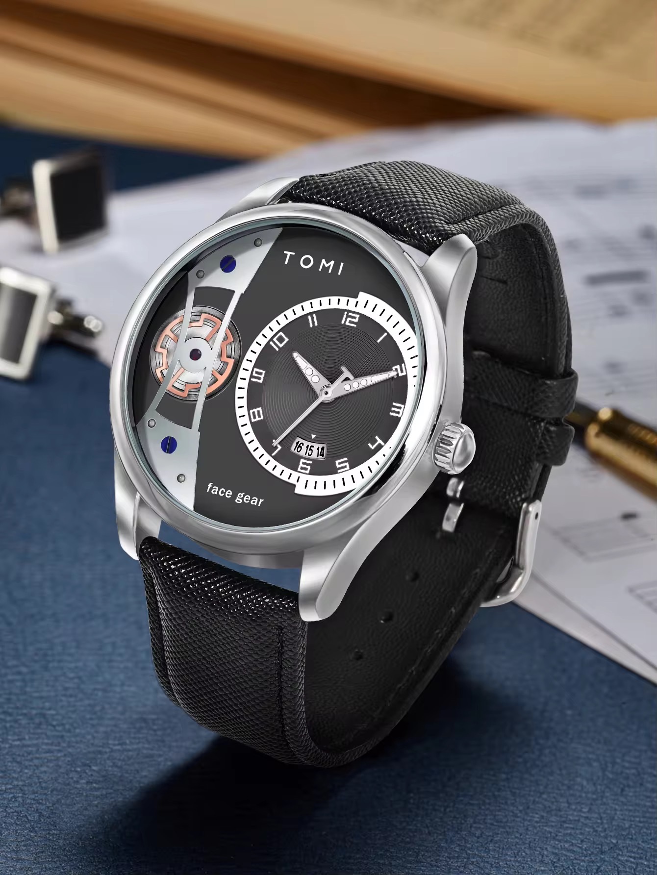 TOMI T-105 Face Gear Dual Strap Leather Belt Watch (Black)_img_1