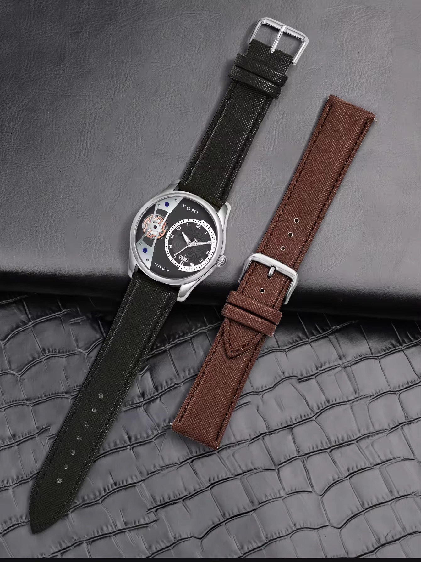 TOMI T-105 Face Gear Dual Strap Leather Belt Watch (Black)_img_4