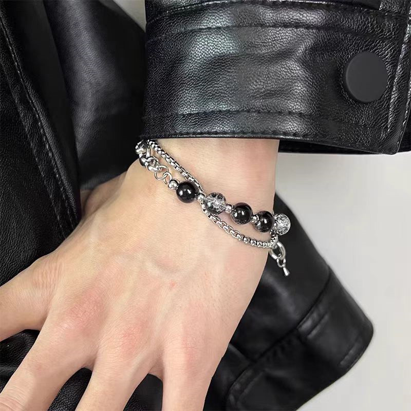Double-layer Chain Ice Cracked Beads stainless steel Splicing Bracelet - Image 1