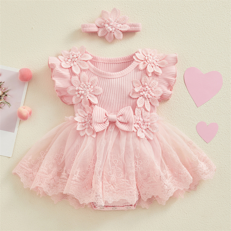 Baby Girl Flower Lace Tulle & 3D Floral Design Romper Dress with Headband (0 to 18 Months)_img_1