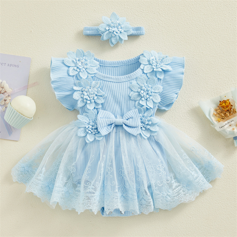 Baby Girl Flower Lace Tulle & 3D Floral Design Romper Dress with Headband (0 to 18 Months)_img_2