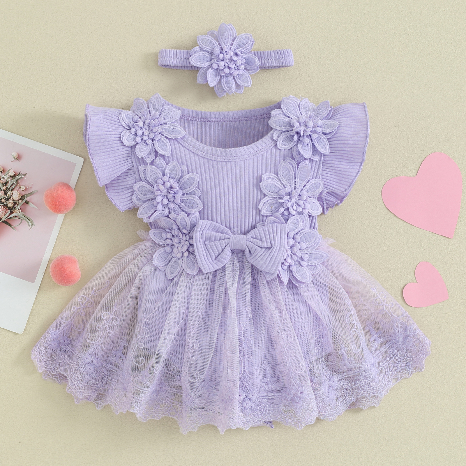 Baby Girl Flower Lace Tulle & 3D Floral Design Romper Dress with Headband (0 to 18 Months)_img_4