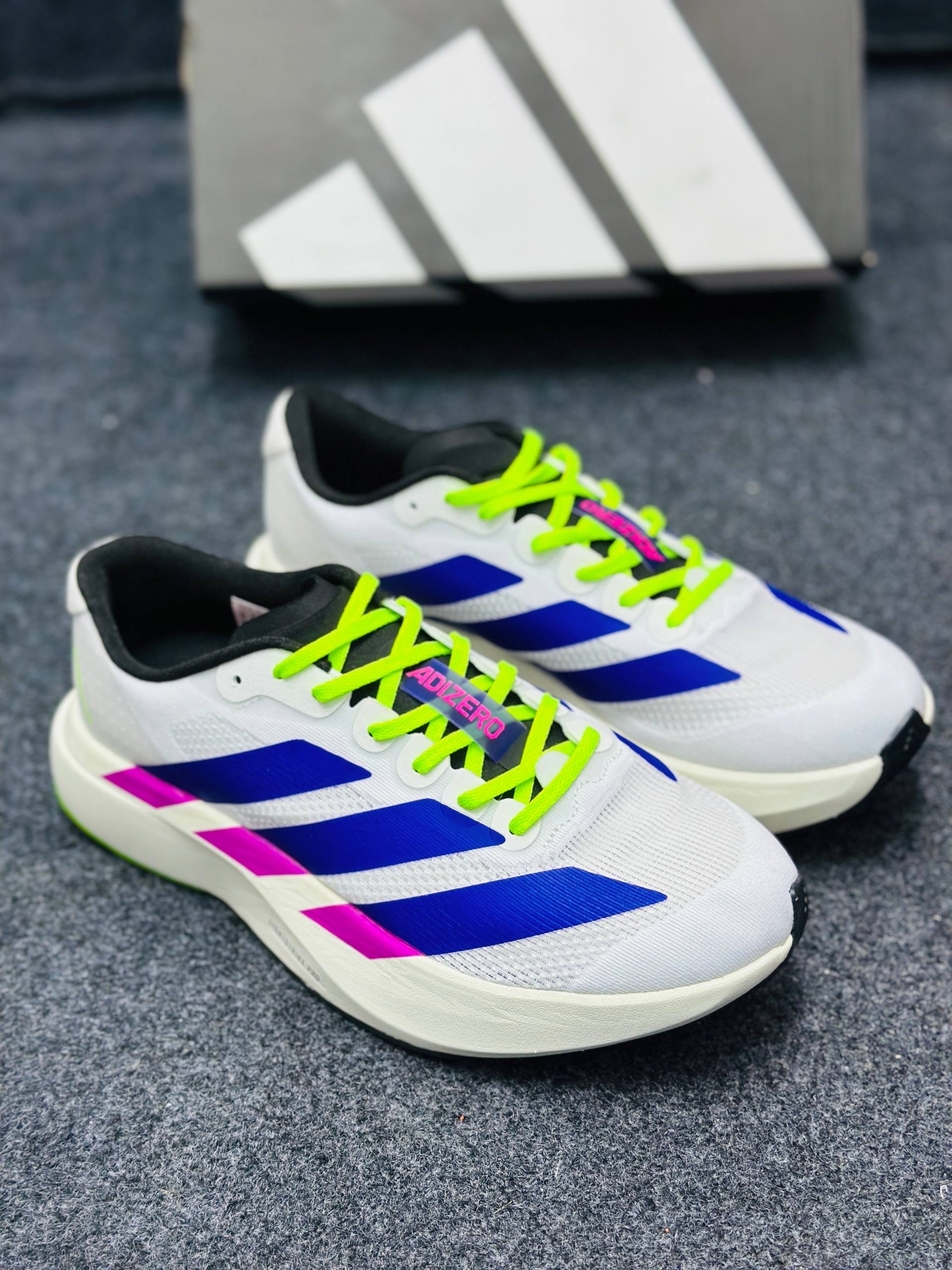 Adidas Adizero Evo SL:"White/Purple/Lime Burst"