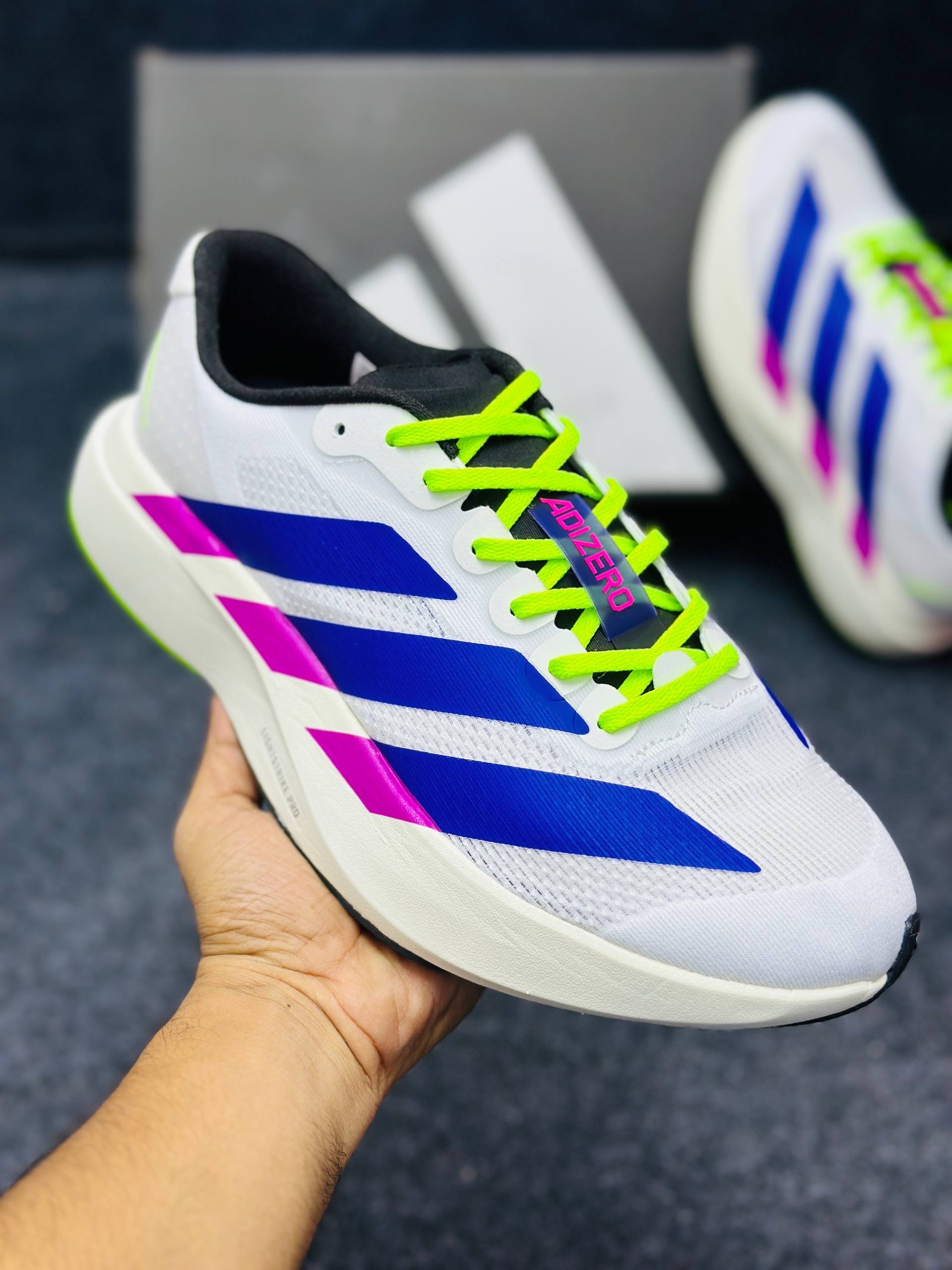 Adidas Adizero Evo SL:"White/Purple/Lime Burst" thumbnail 2