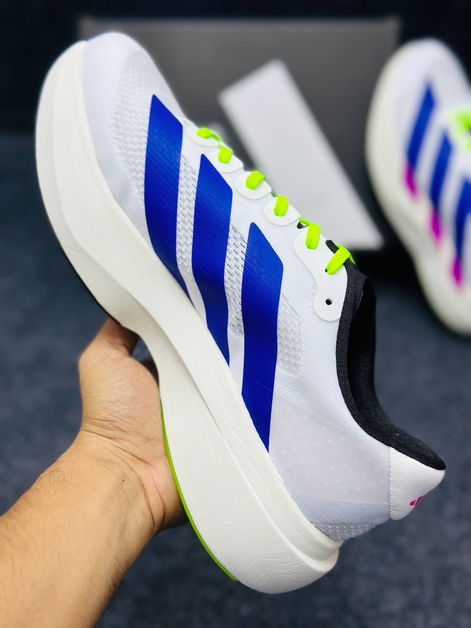 Adidas Adizero Evo SL:"White/Purple/Lime Burst" thumbnail 3