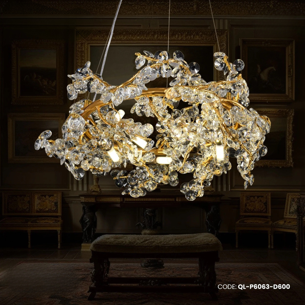 Qulik Modern LED Ceiling Chandeliers Glass Crystal Oxidized gold clear Pendant Lamp (QL-P6063-D600)