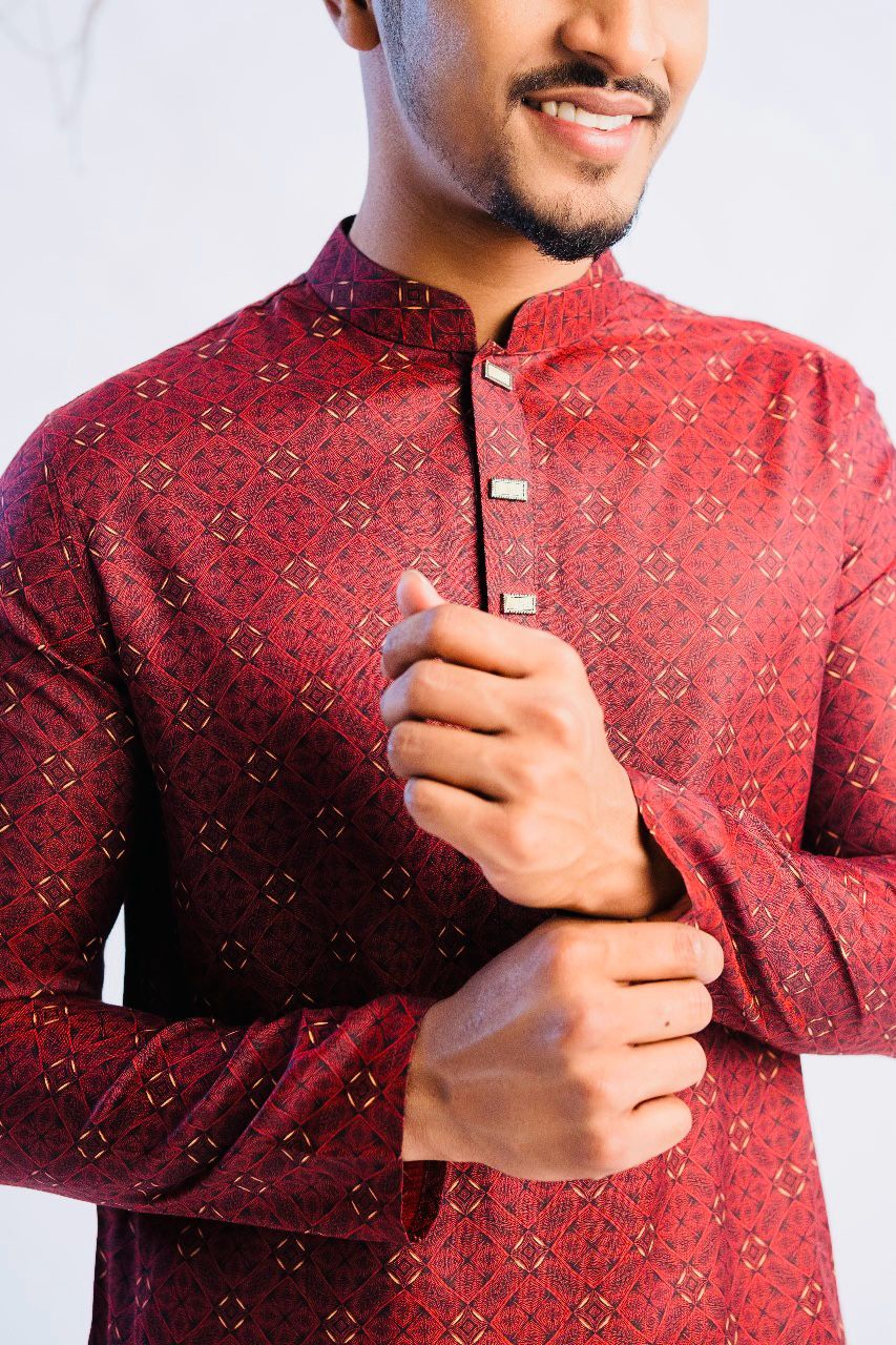 Jacquard Cotton Classic Panjabi for Men-Maroon(PJB-015)