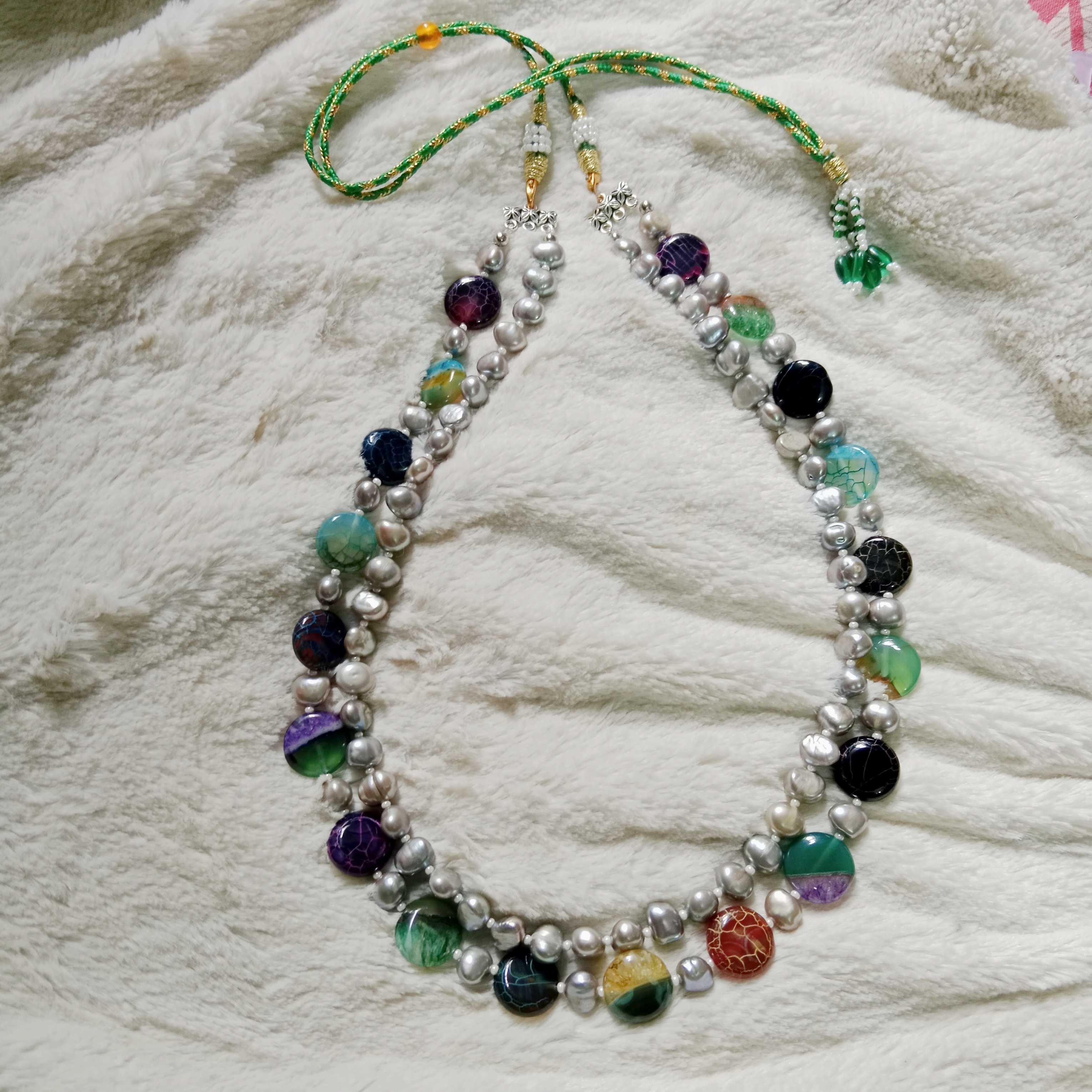 Ash colour Original Pearl and multi colour Stone 18 inch 2 layer necklace for women._img_0