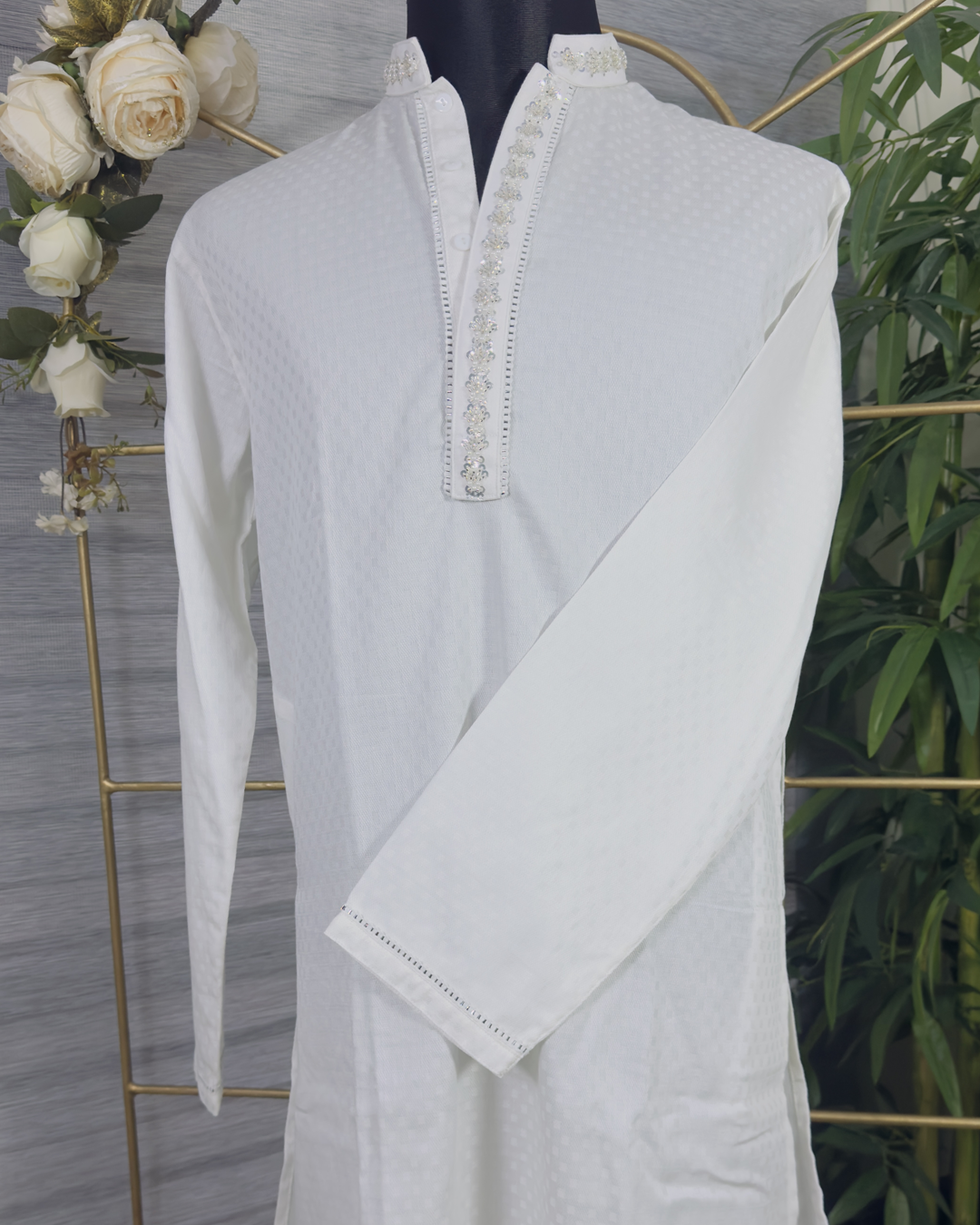 Men’s White Panjabi with Silver Embellished Placket & Collar – Premium Festive Wear by Simple White (Punjabi BDT 7,490 + Pajama BDT 2,500)_img_2