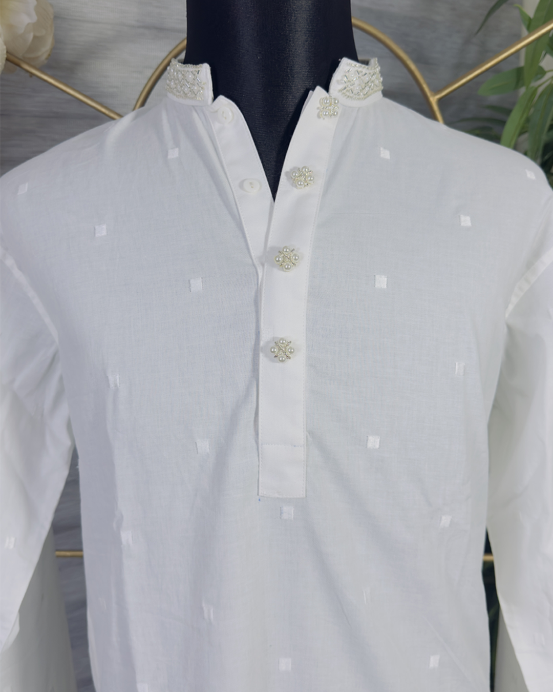 Classic White Panjabi with Embroidered Collar and Floral Buttons – Elegant Men’s Ethnic Wear by Simple White (Punjabi BDT 7,490 + Pajama BDT 2,500)_img_1