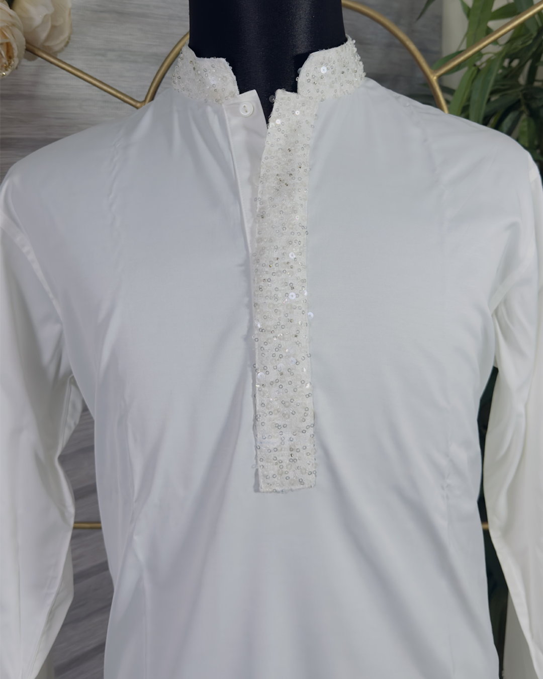 Elegant White Panjabi with Sequined Embroidered Placket – Premium Festive Wear by Simple White (Punjabi BDT 9,490 + Pajama BDT 2,500)_img_1