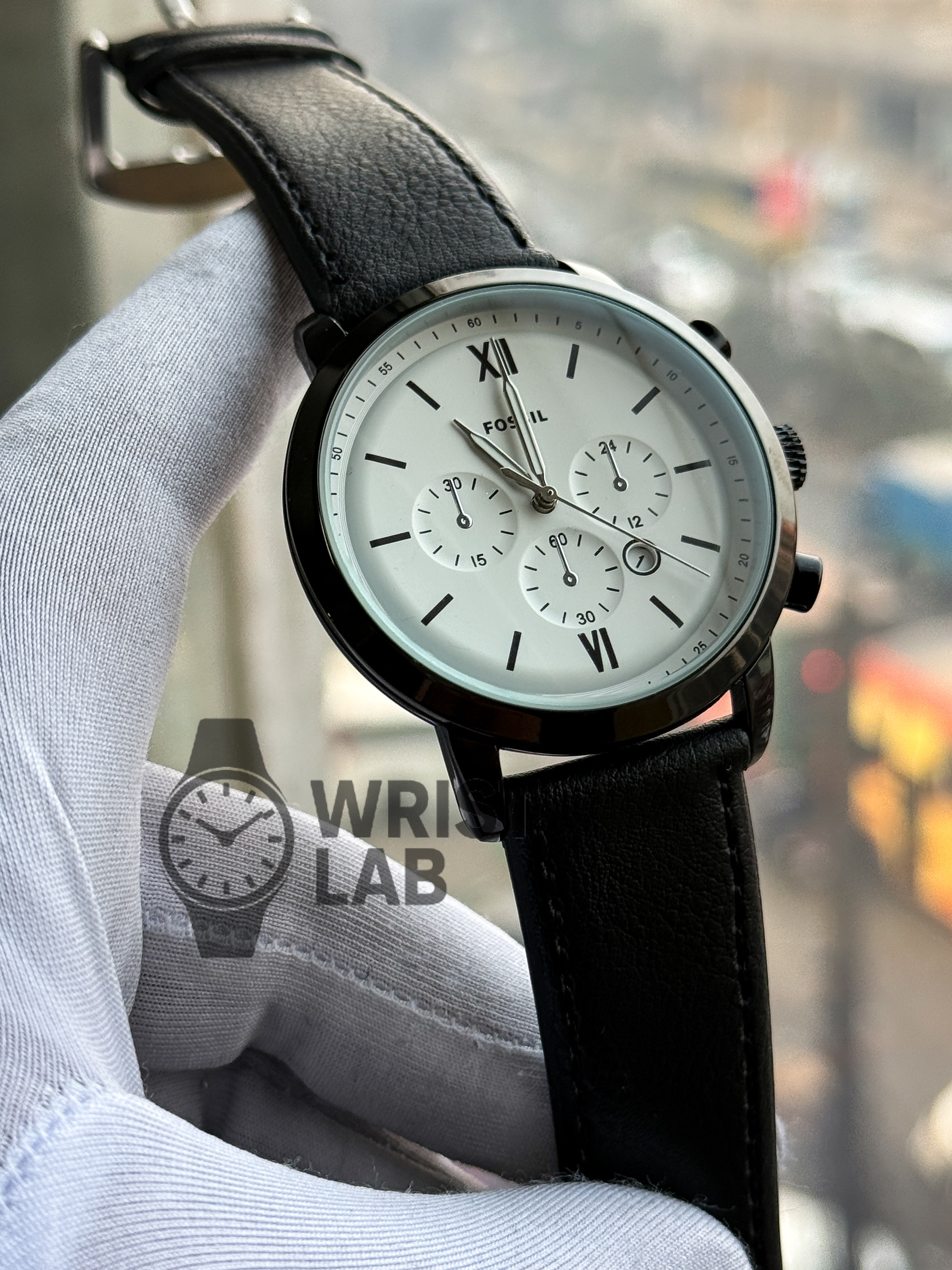 FOSSIL FAKE CHRONOGRAPH BLACK CASE WHITE DIAL BLACKLEATHER_img_0