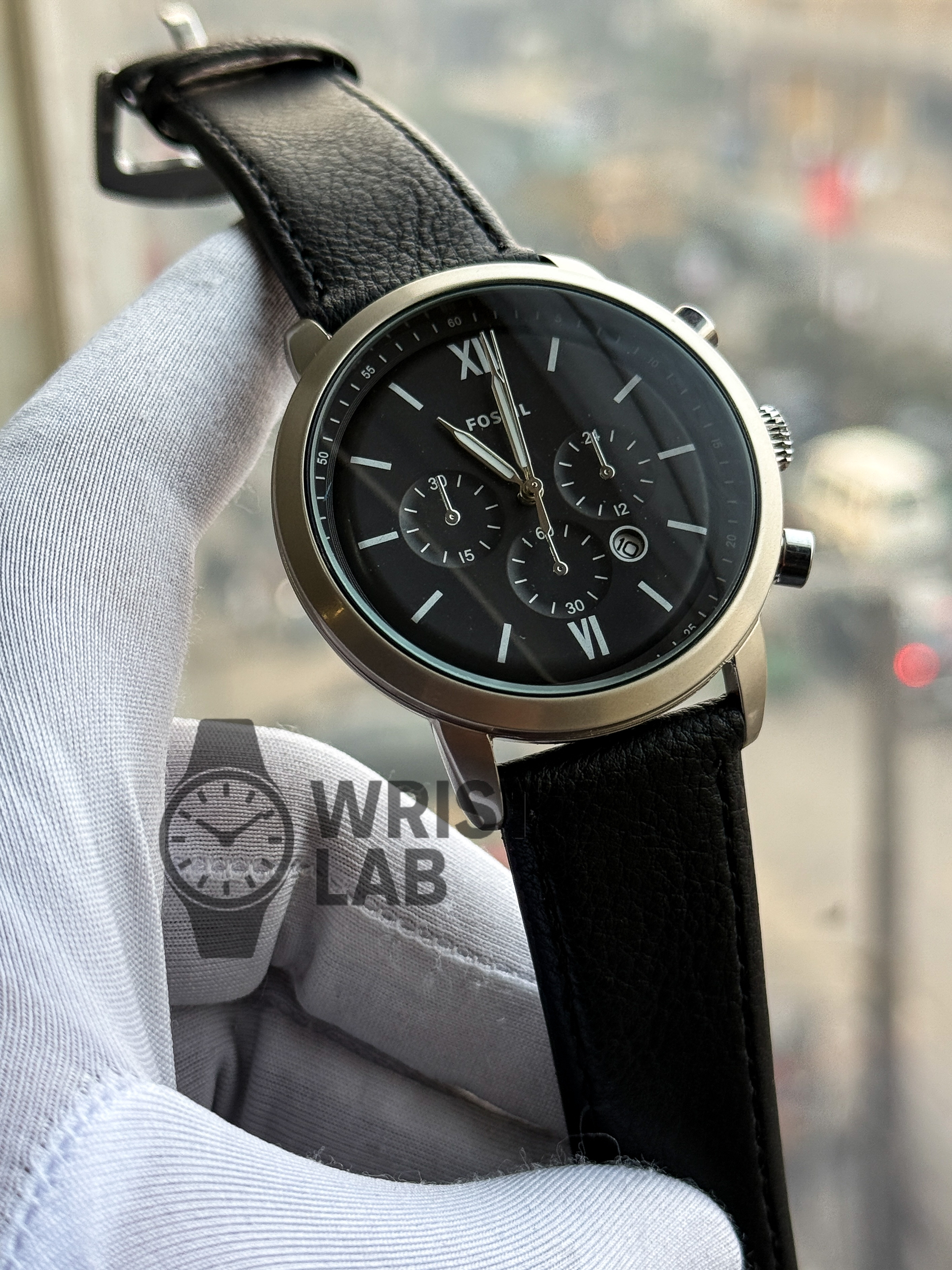 FOSSIL FAKE CHRONOGRAPH SILVER CASE BLACK DIAL BLACK LEATHER_img_0