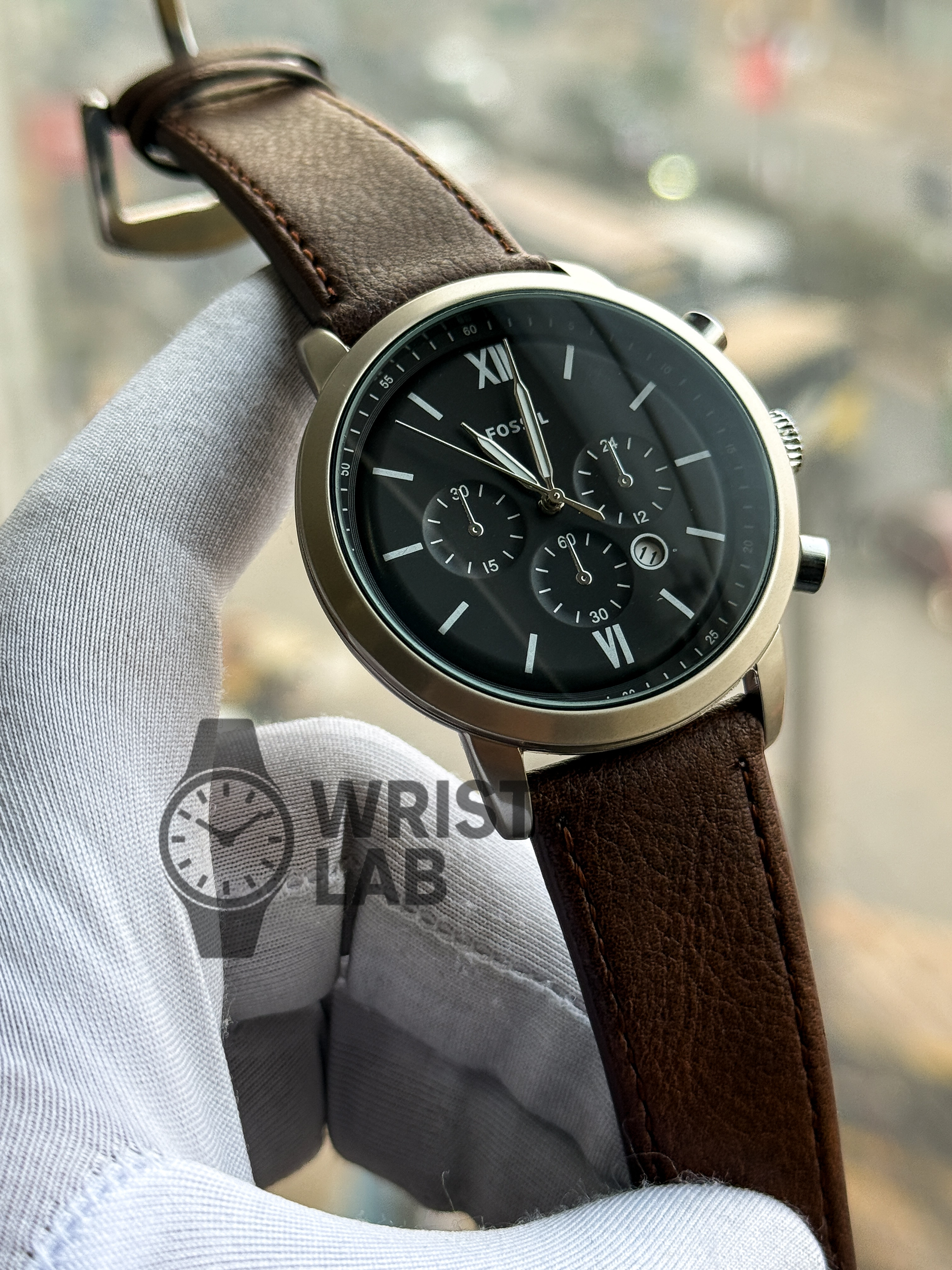 FOSSIL FAKE CHRONOGRAPH SILVER CASE BLACK DIAL BROWN LEATHER_img_0