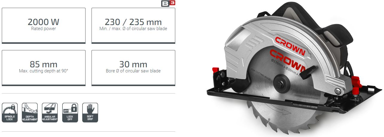 CROWN ,CT15210, Professional Circular Saw, 2000W, 235mm, 45/90°, 60/85mm; Model: CT15210 - 235_img_3