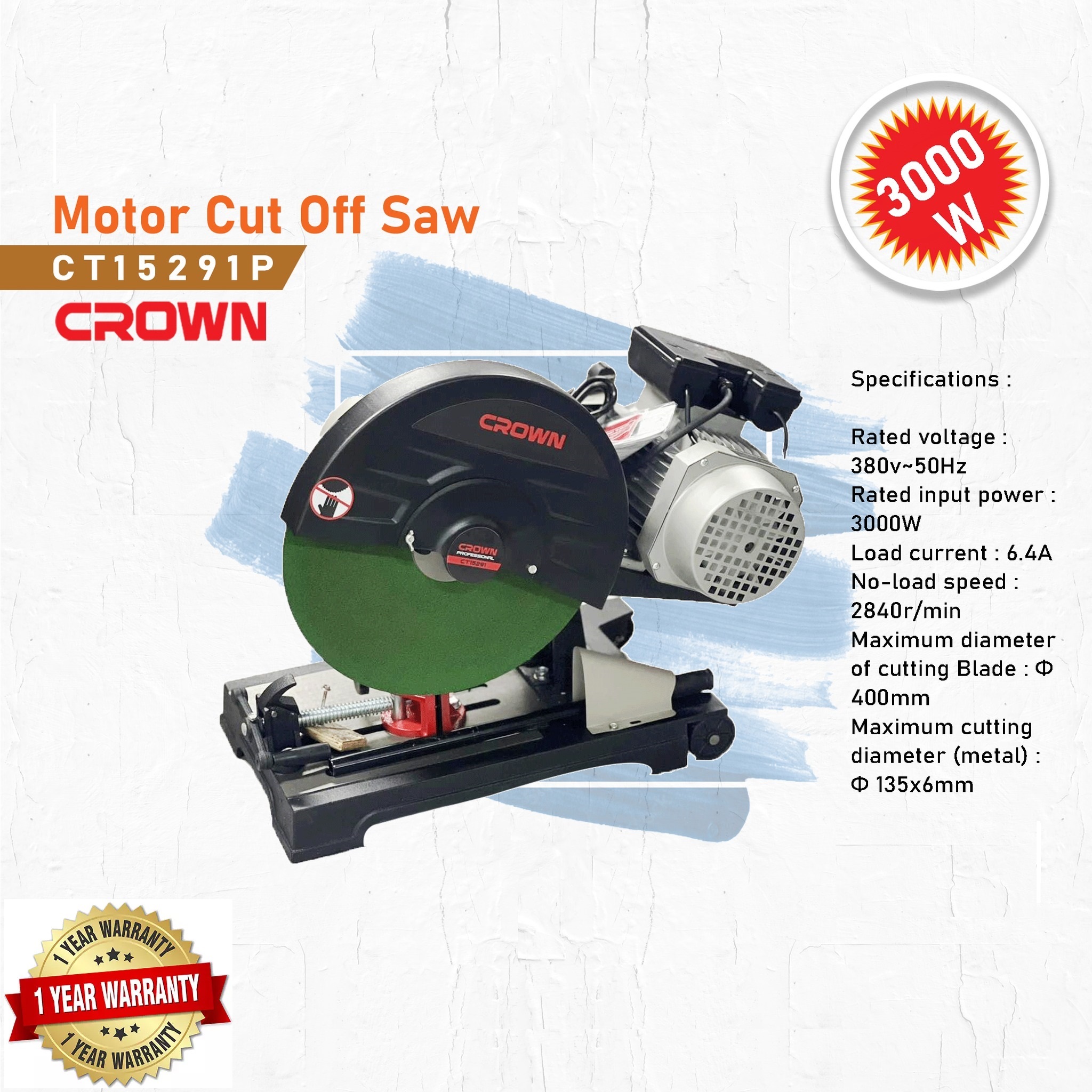 CROWN,CT15291P,Professional Profile Cutting Machine, 3000W, 400mm, Motor Cut Off Saw, Model: CT15291P