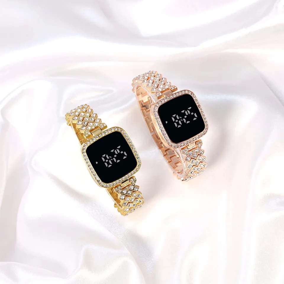New Trend Fashion Steel Chain Diamond Women Watch Full Diamond Touch Screen LED Water Diamond Bracelet Watch_img_2