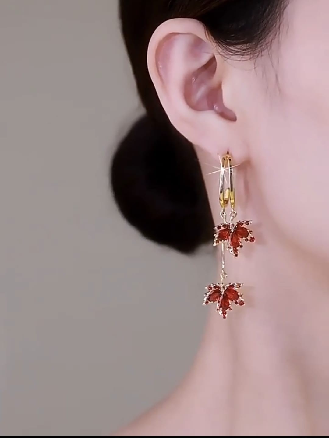 Fashion Red Maple Leaf Gold Plated Ear Hoop Earrings Dangle Women Jewelry_img_0