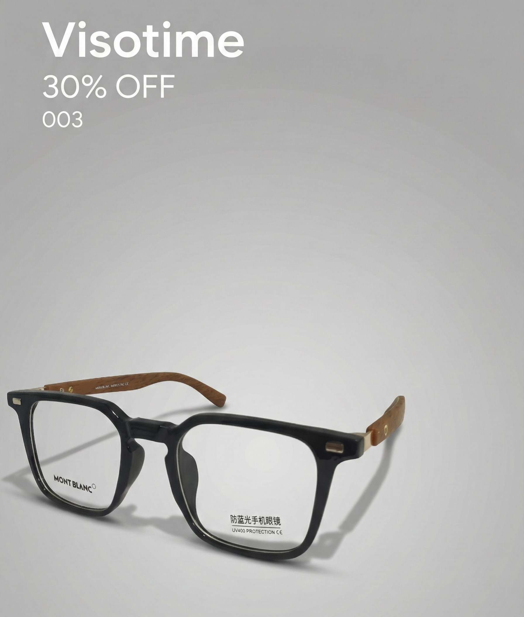 Montblanc Classic Square Eyeglasses – Gloss Black Frame with Wood-Textured Temples and Anti-Blue Light Lenses_img_1
