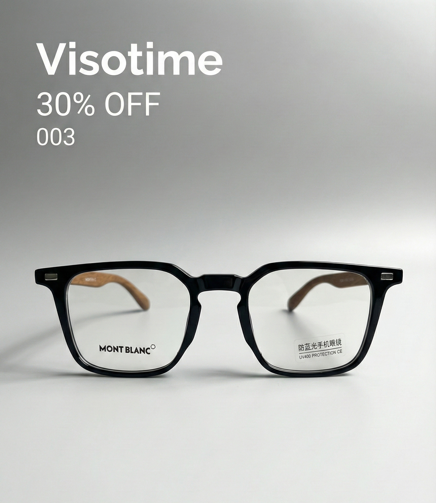 Montblanc Classic Square Eyeglasses – Gloss Black Frame with Wood-Textured Temples and Anti-Blue Light Lenses