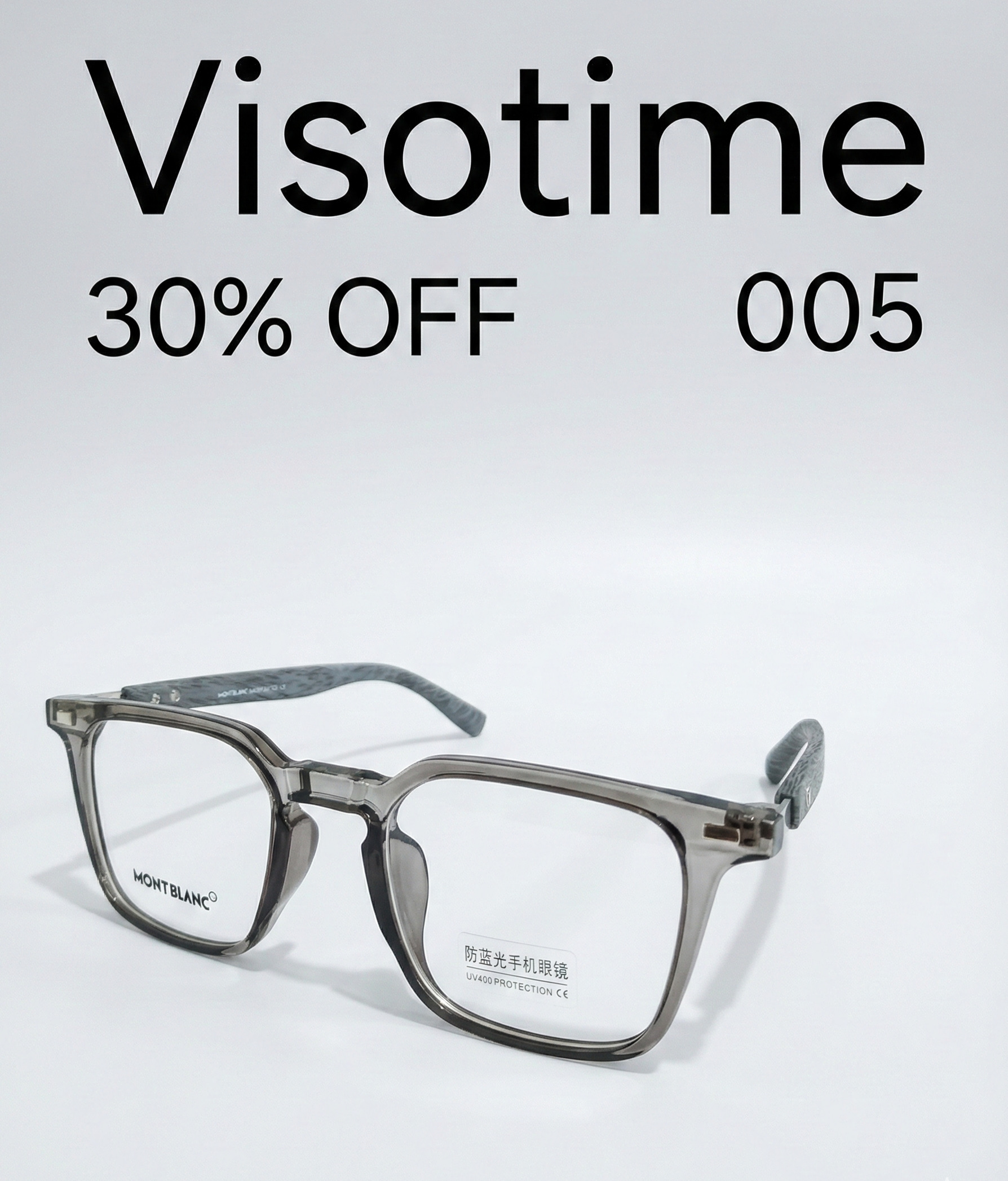 Mont Blanc Geometric Square Eyeglasses – Translucent Smoke Grey with Anti-Blue Light & UV400 Protection_img_1