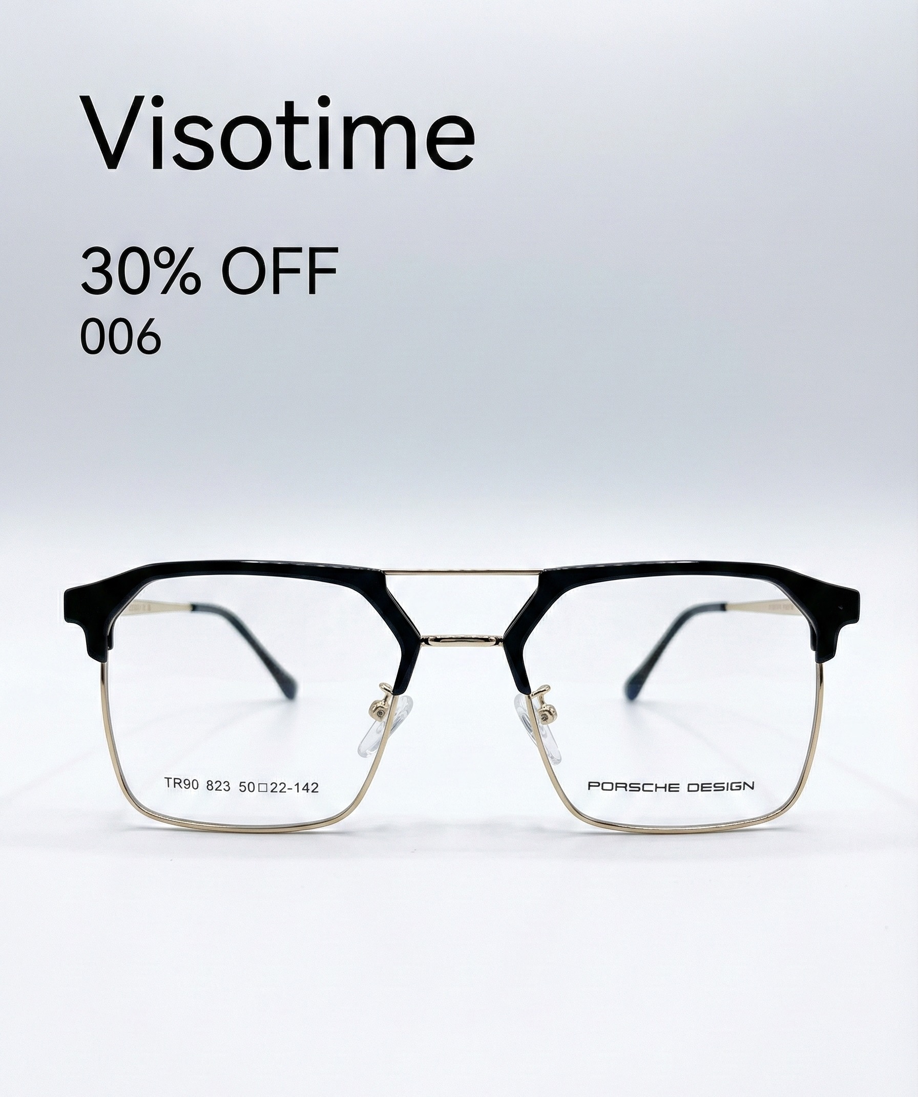 Visotime Modern Geometric Double-Bridge Eyeglasses – Black & Gold (Model 006)