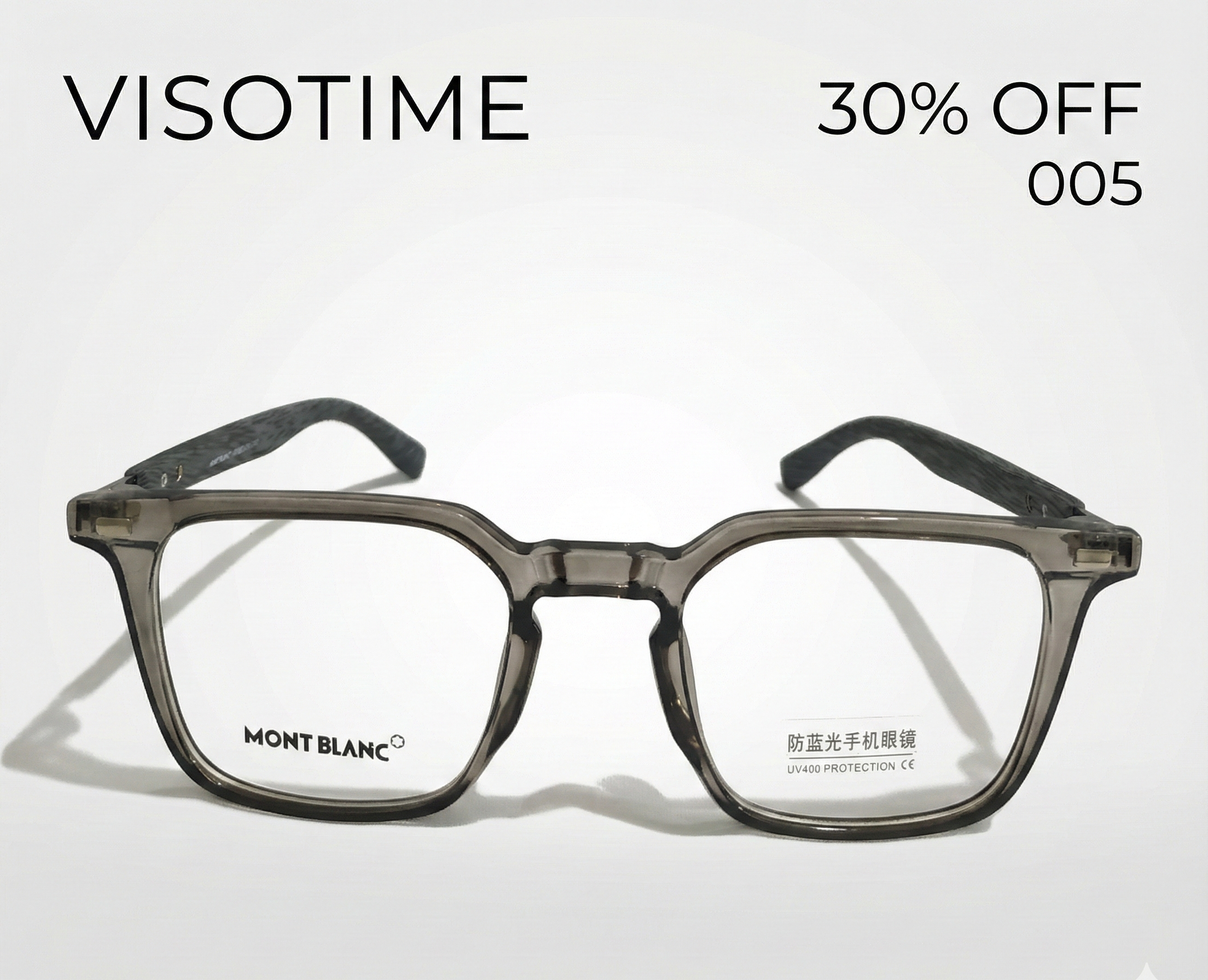 Mont Blanc Geometric Square Eyeglasses – Translucent Smoke Grey with Anti-Blue Light & UV400 Protection